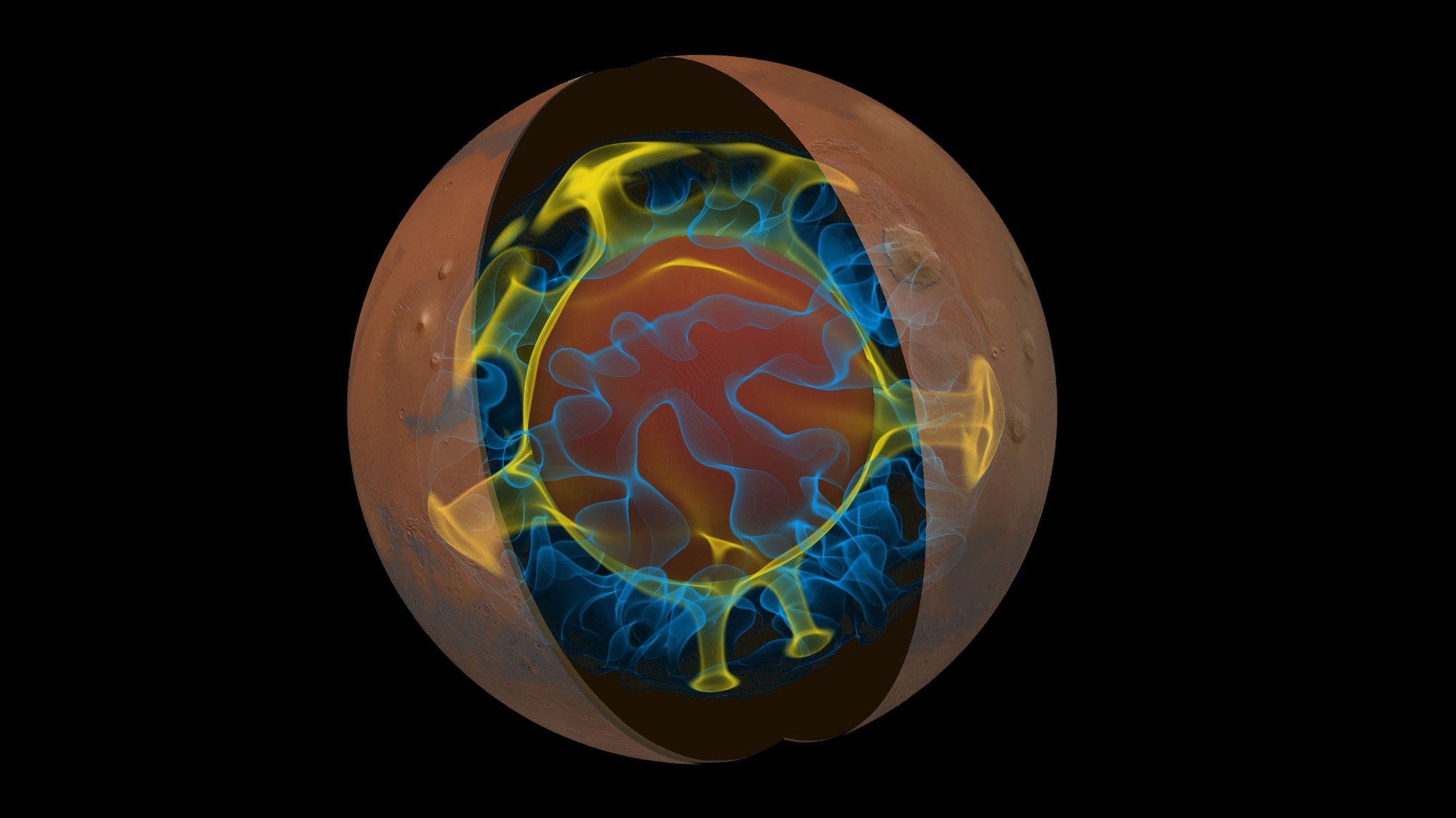 Das Modell der thermischen Entwicklung veranschaulicht die Dynamik im Gesteinsmantel des Mars.