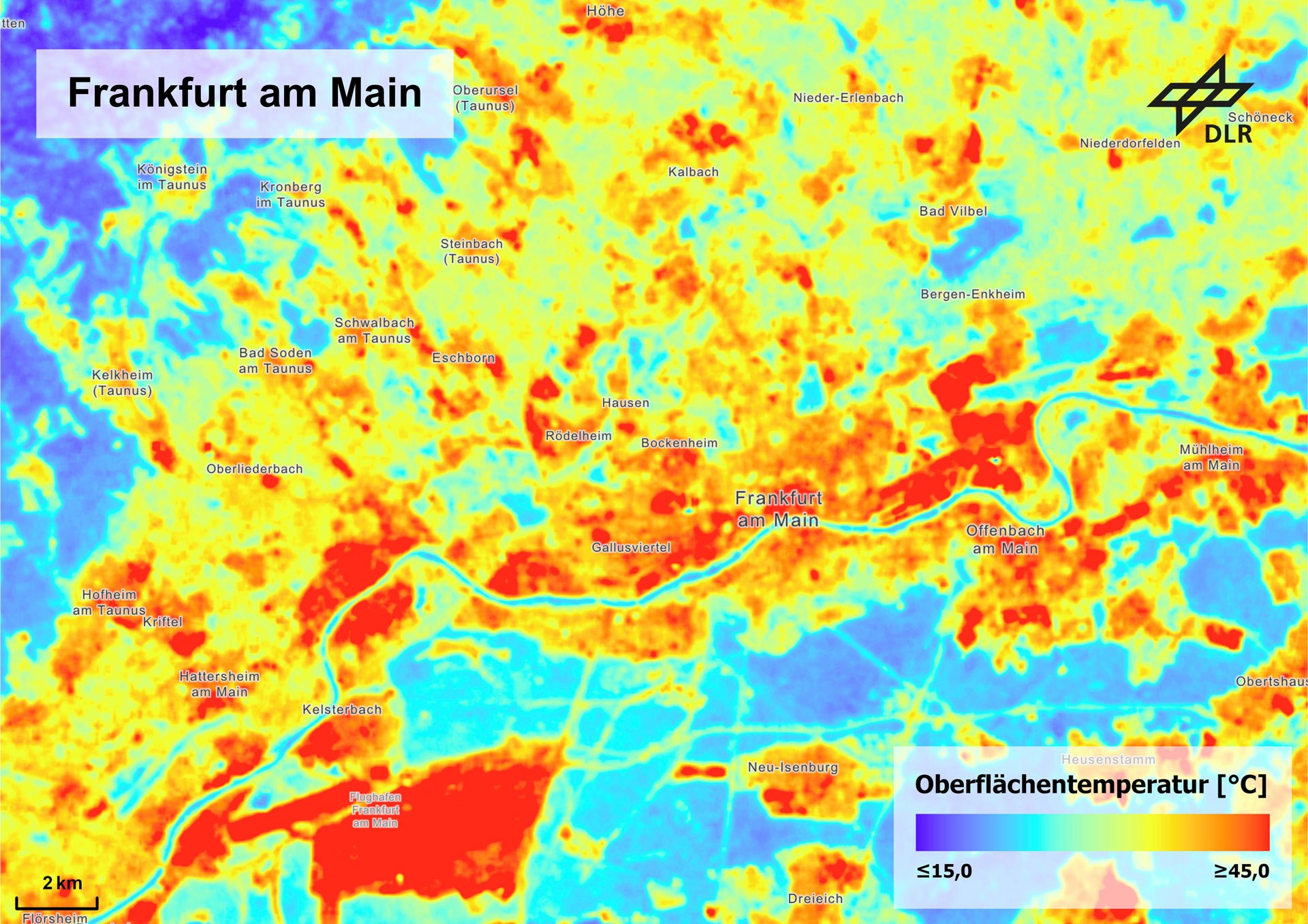 Frankfurt am Main: Unterschiedliche Temperaturen auf der Oberfläche