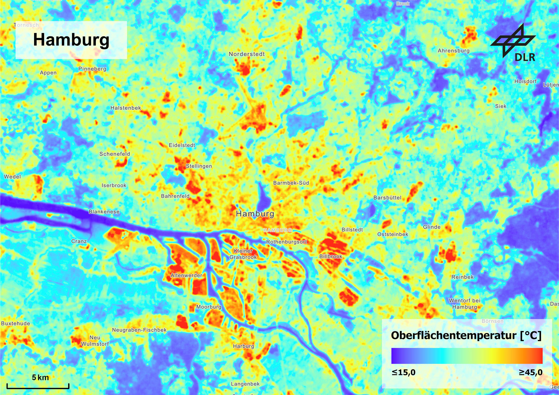 Die Darstellung zeigt die unterschiedlichen Temperaturen auf der Oberfläche für den Großraum Hamburg. Die Skala reicht von blau für weniger oder gleich 15 Grad Celsius bis zu rot für mehr oder gleich 45 Grad Celsius.
