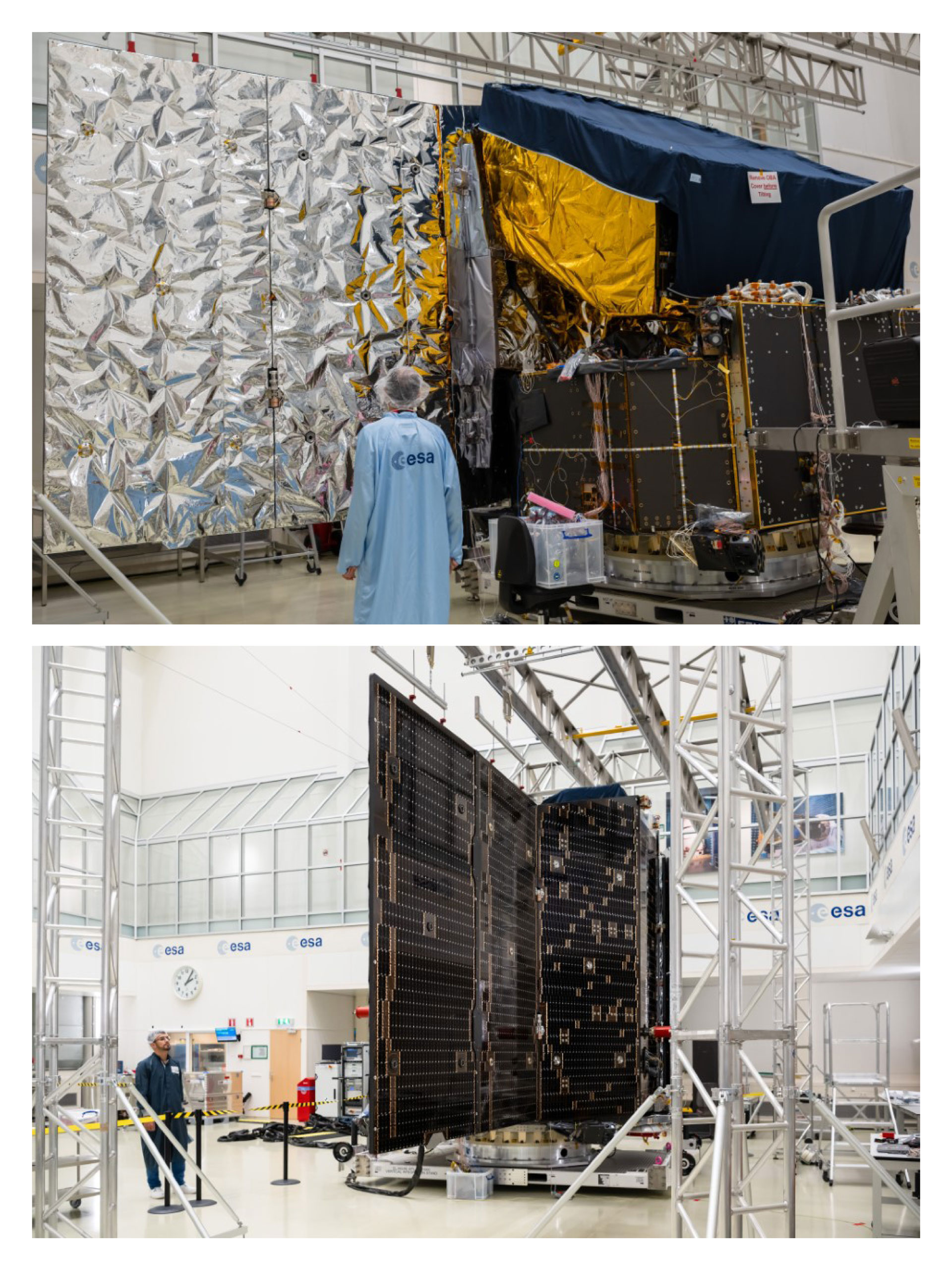 Vorder- und Rückansicht des ESA-Raumschiffs PLATO in einem der Reinräume im Weltraumforschungs- und Technologiezentrum ESTEC.