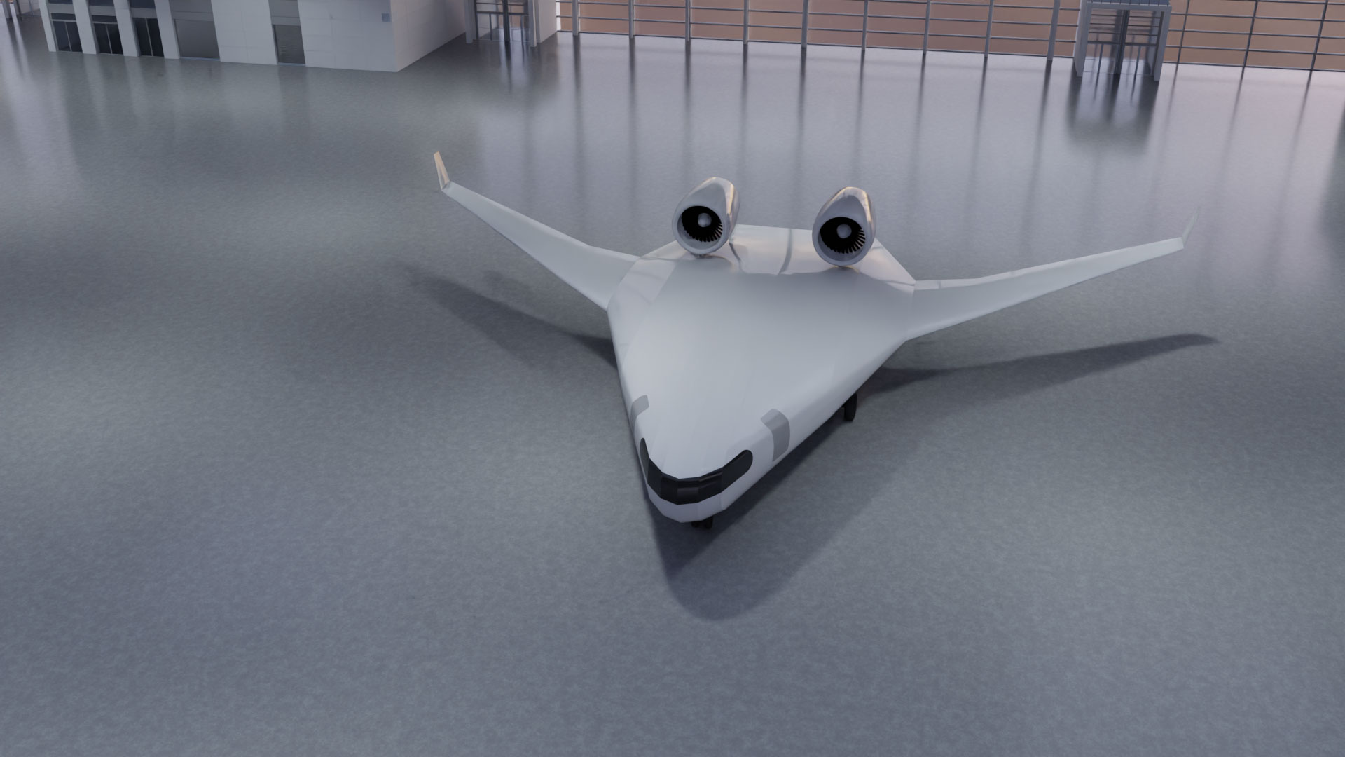 Das Bild zeigt ein ungewöhnliches Flugzeug mit einem breiten, flachen Rumpf und zwei Triebwerken auf dem Rücken.