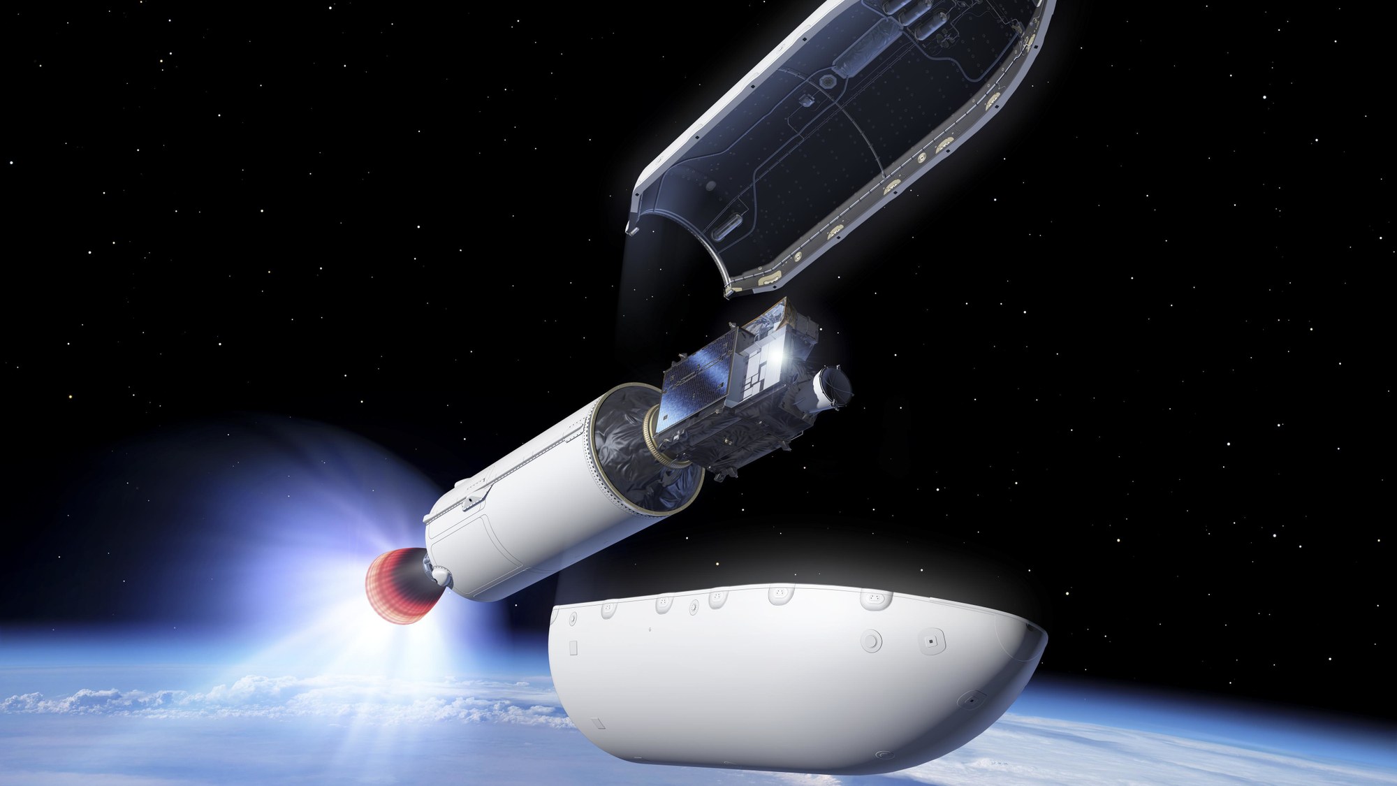 Künstlerische Darstellung des MTG-S1-Satelliten mit Copernicus Sentinel-4 in der Falcon 9-Trägerrakete