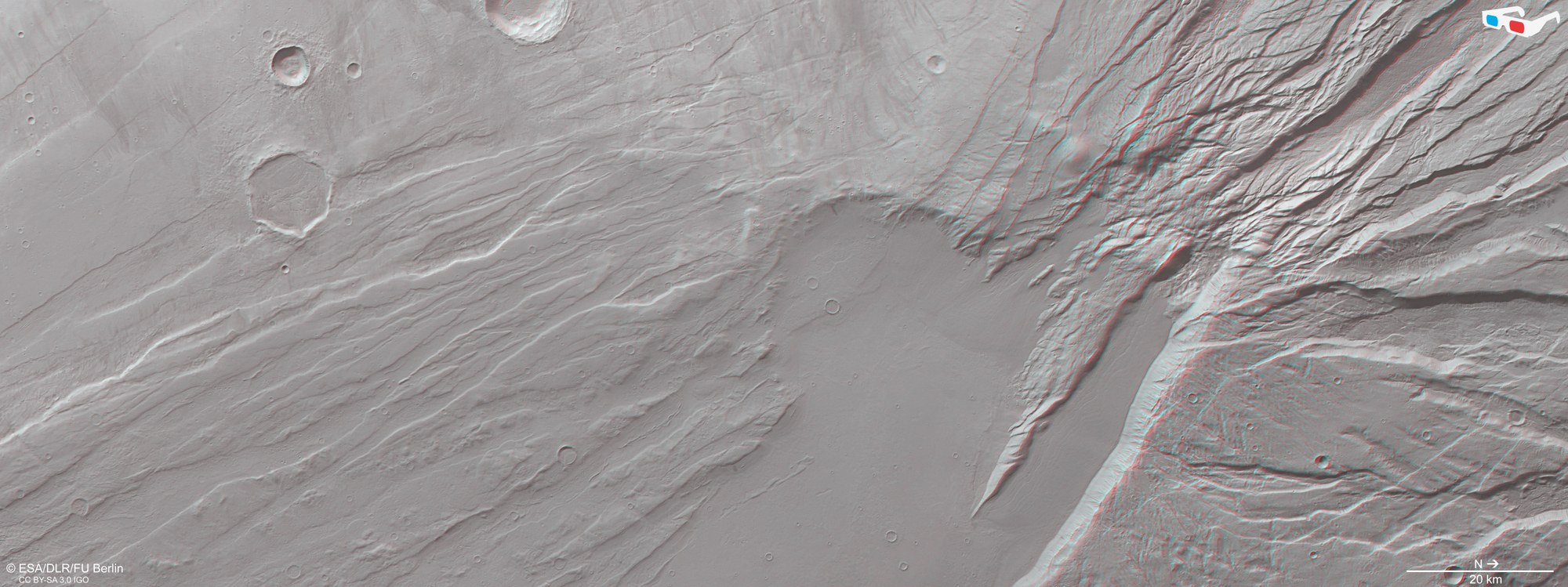Senkrecht auf die Marsoberfläche gerichtetes Anaglyphenbild der Region Acheron Fossae.