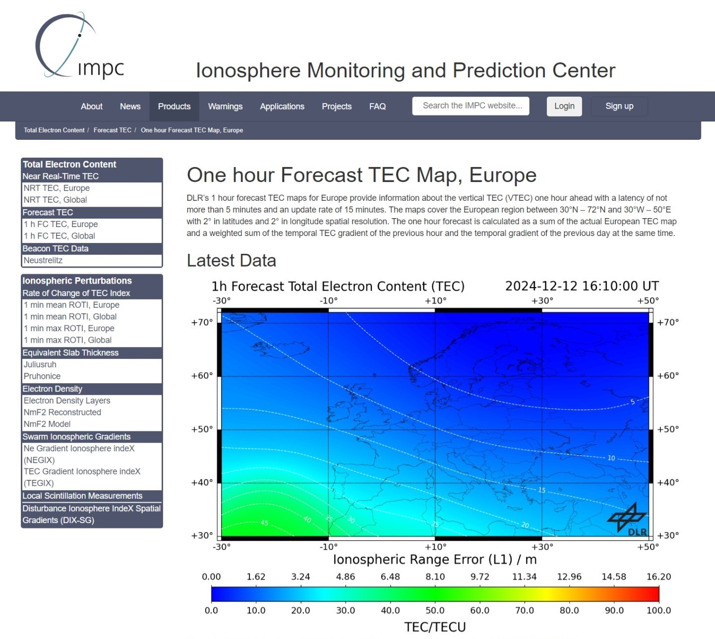 Dieser Screenshot der Website des Ionosphere Monitoring and Prediction Center (IMPC) des DLR zeigt ist eine Echtzeitdarstellung des Elektronengehalts der Ionosphäre über Europa