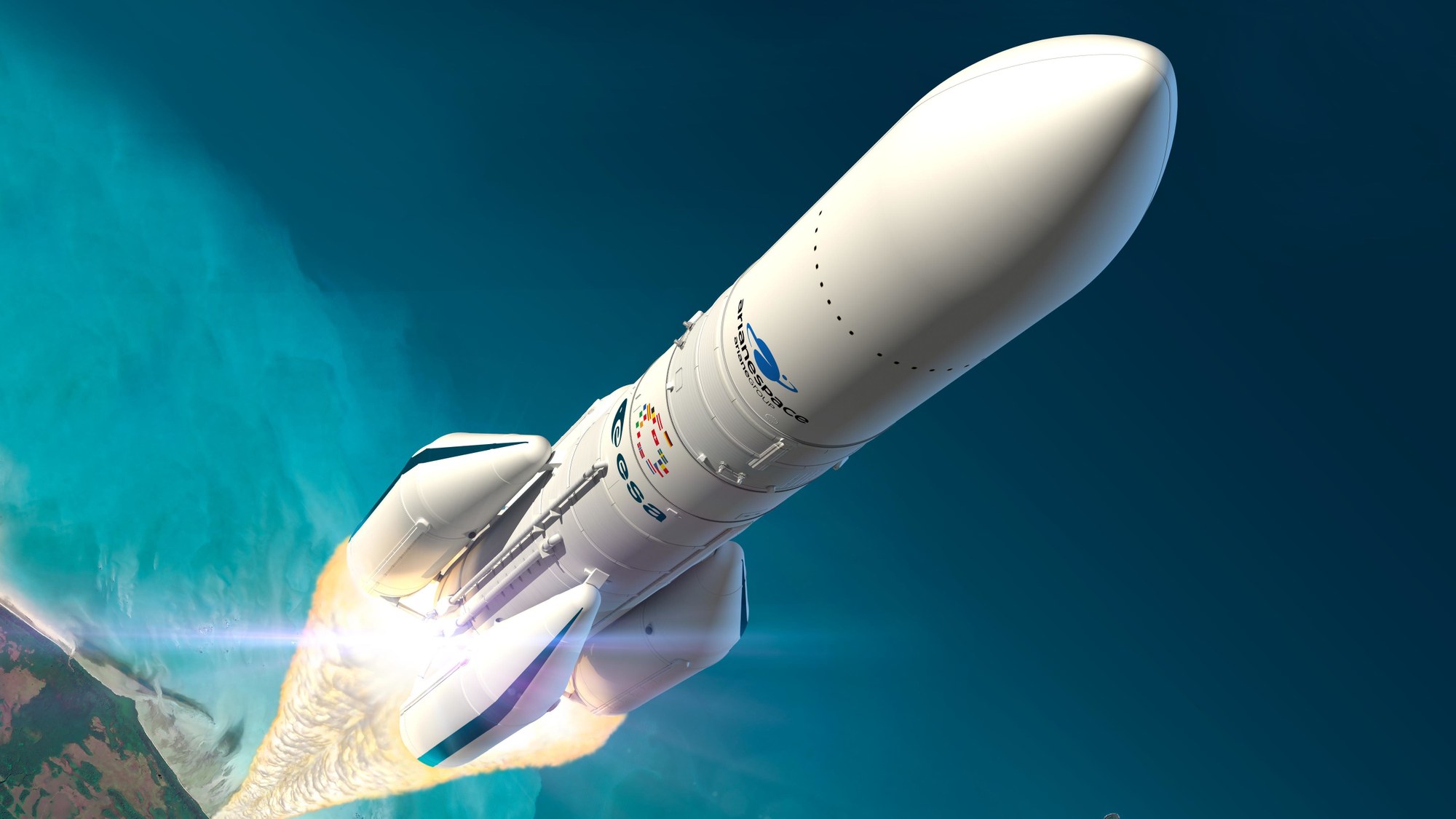 Künstlerische Darstellung: Start der Ariane 6 mit vier Boostern über Französisch-Guayana