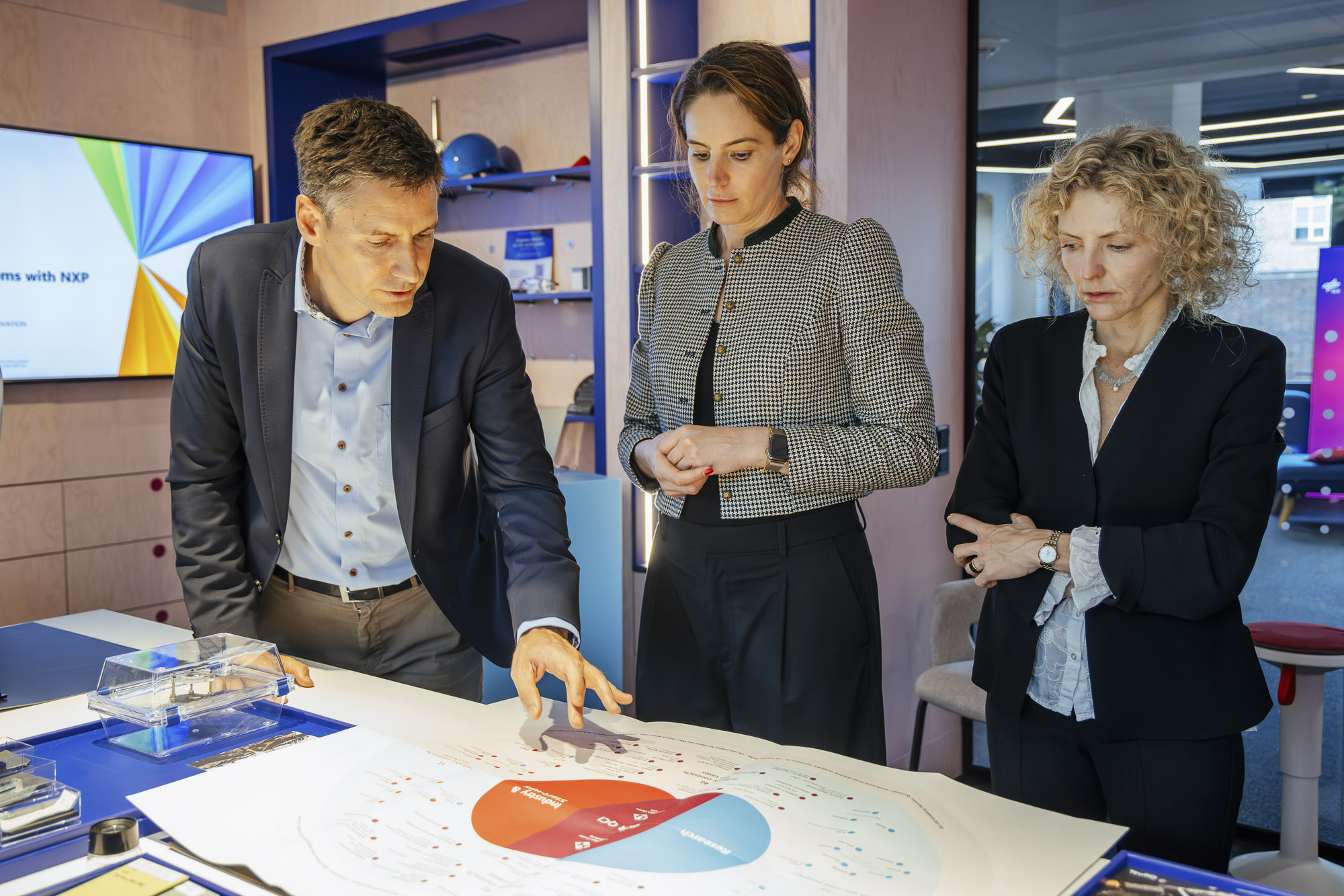 Robert Axmann (DLR QCI) mit Alexandra-Gwyn Paetz & Evelina Šanta-Kahle vom BMFTR diskutieren eine schematische Darstellung der DLR QCI.