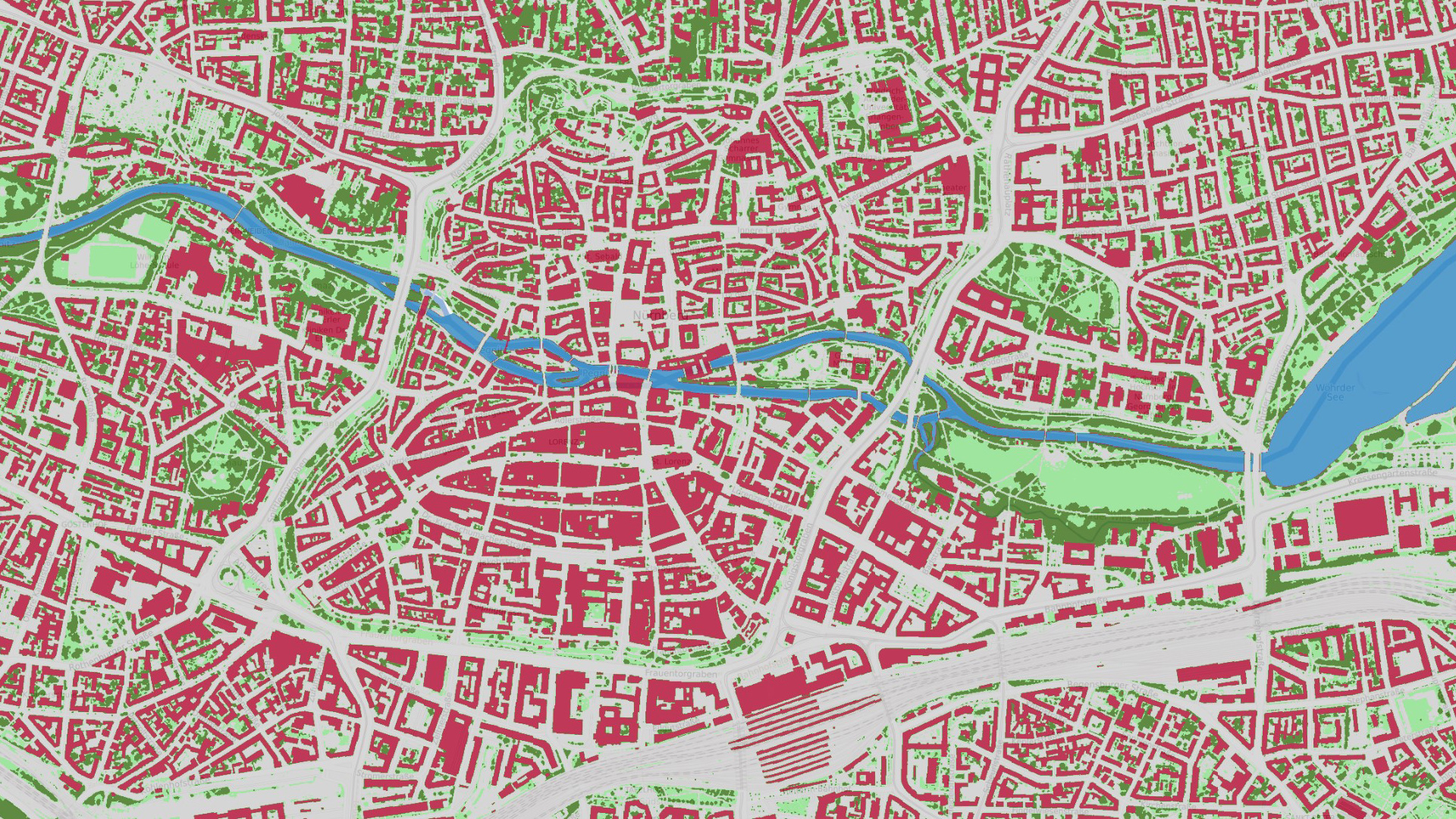 Die Karte der Stadt Nürnberg. Zu sehen: „Blau-Grün-Graue Infrastruktur“, die eine detaillierte Übersicht zu den Bedeckungstypen der Stadt gibt..