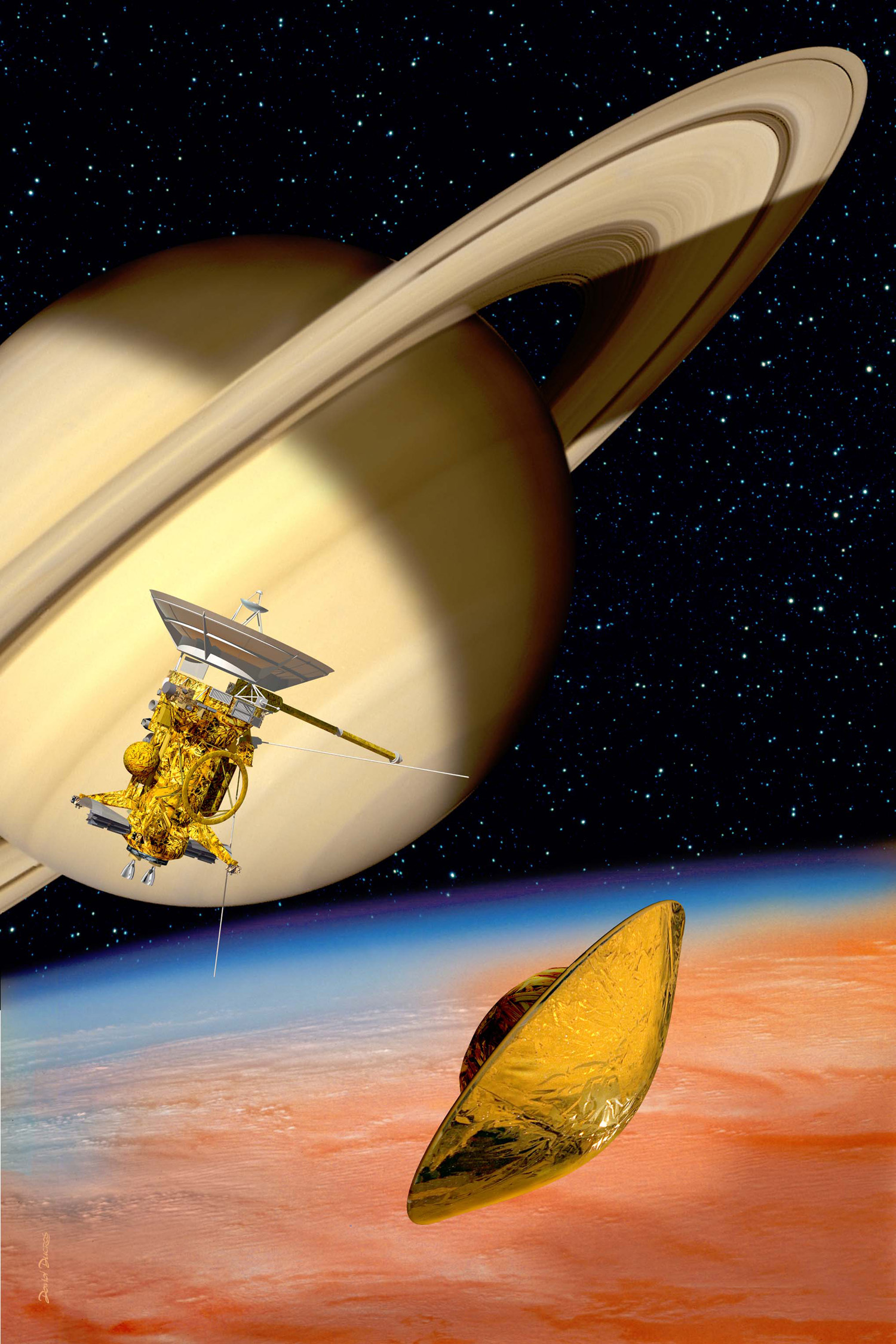 Die Huygens-Sonde nach der Abtrennung von Cassini auf dem Weg zum Saturnmond Titan.