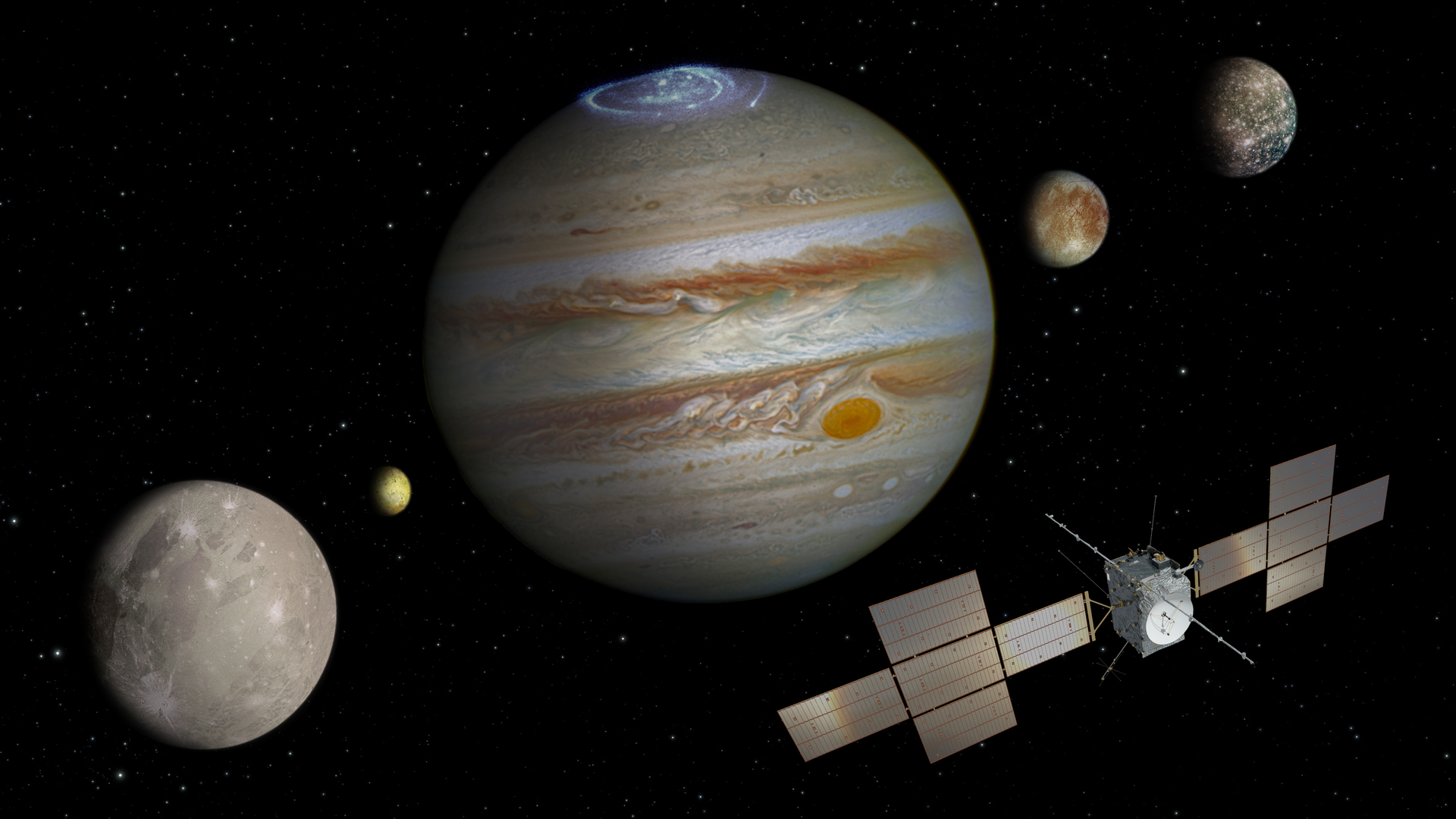 Künstlerische Darstellung der JUICE-Sonde mit Jupiter und seinen Monden