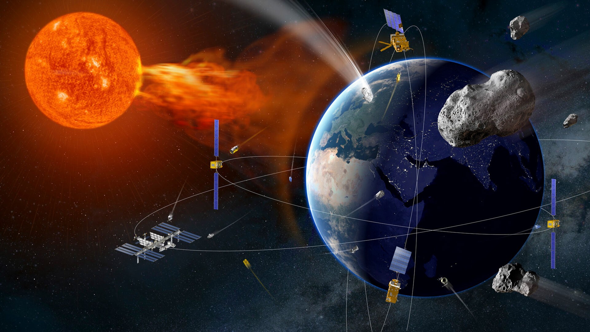 Unser Planet, aber auch unsere Infrastruktur im Weltall und auf der Erde, können durch die Kollision mit Asteroiden, Weltraumschrott, oder die Einflüsse des Sonnenwindes bedroht sein.
