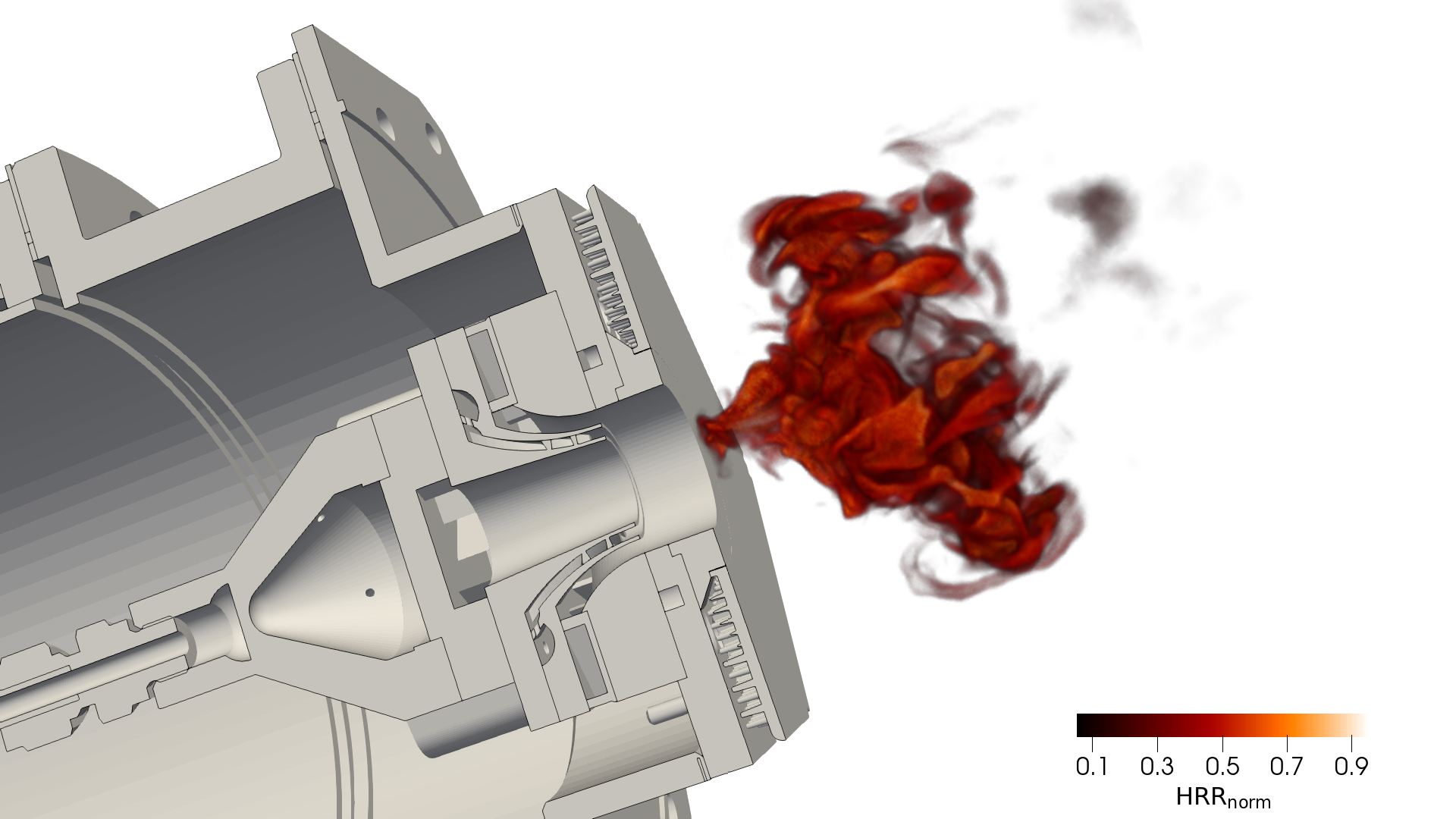 Aerodynamisch stabilisierte Flamme in einem atmosphärischen Drallbrenner mit reinem Wasserstoff. Dargestellt durch die normierte Wärmefreisetzung aus einer Large-Eddy-Simulation mit TRACE.
