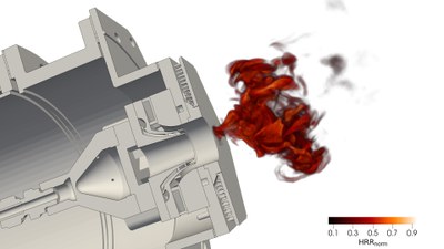 Aerodynamisch stabilisierte Flamme in einem atmosphärischen Drallbrenner mit reinem Wasserstoff. Dargestellt durch die normierte Wärmefreisetzung aus einer Large-Eddy-Simulation mit TRACE.