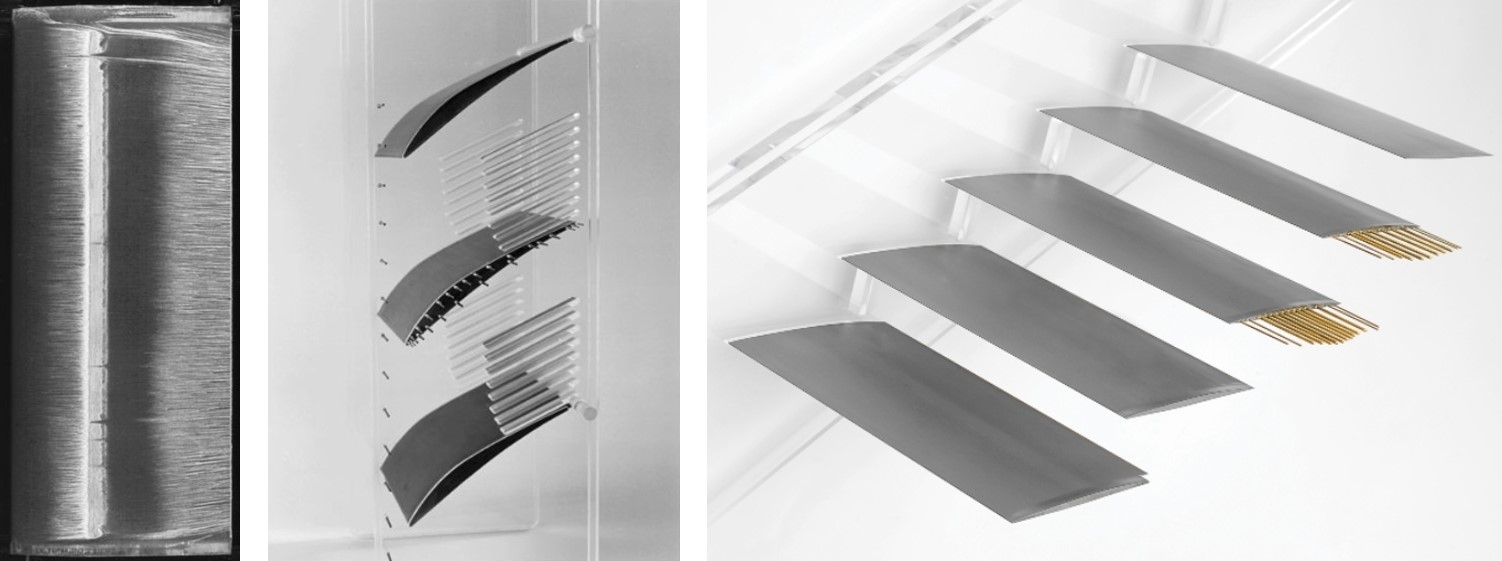 von links: Ölanstrichbild der Profiloberseite, Profile eines Verdichtergitters,  Transsonisches Schaufelgitter