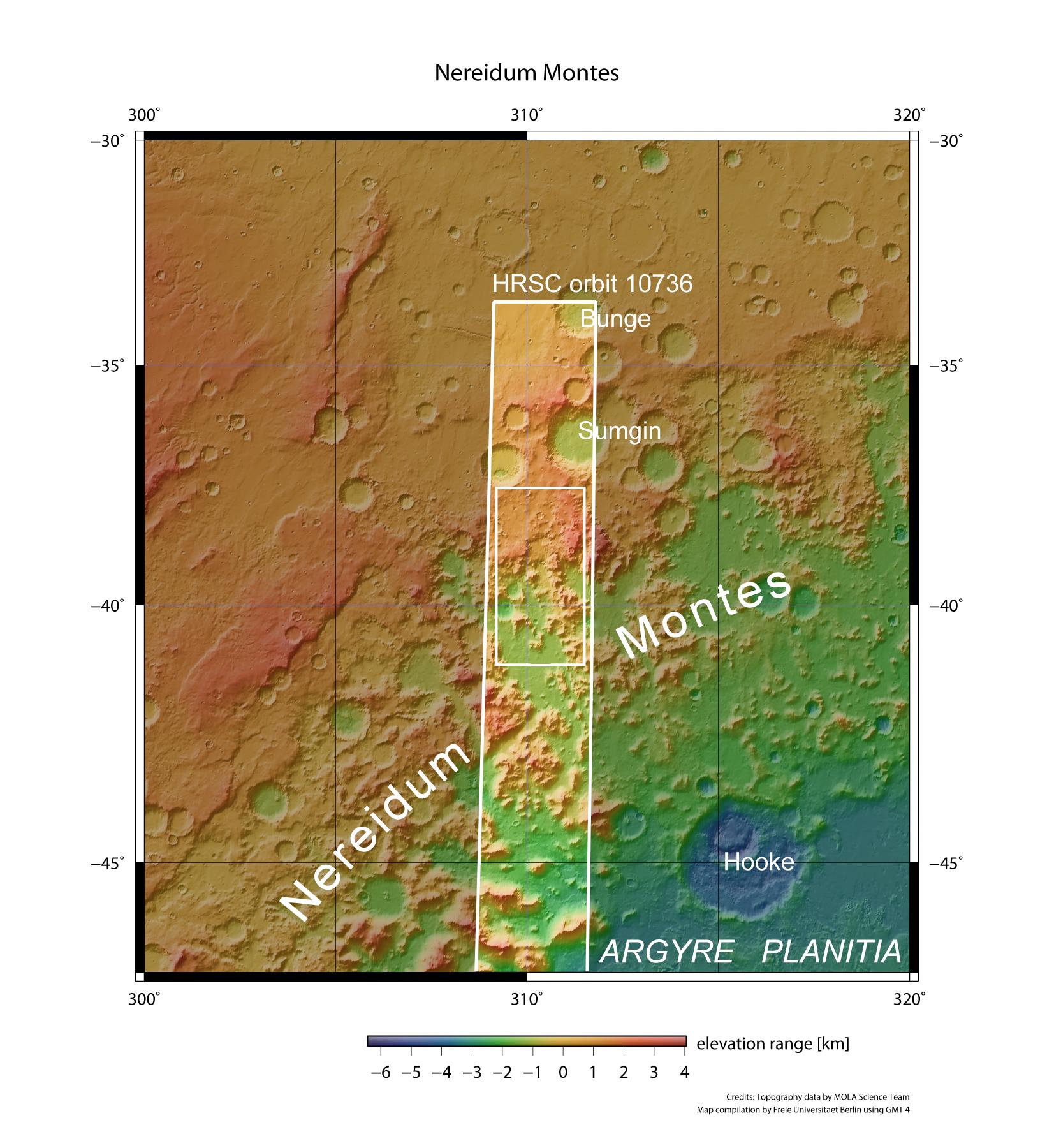 Topographische Übersichtskarte eines Teils der Nereidum Montes