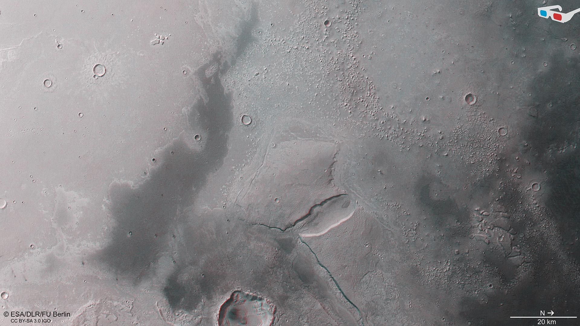 3D-Ansicht (Anaglyphenbild) eines Teils der Cydonia-Region