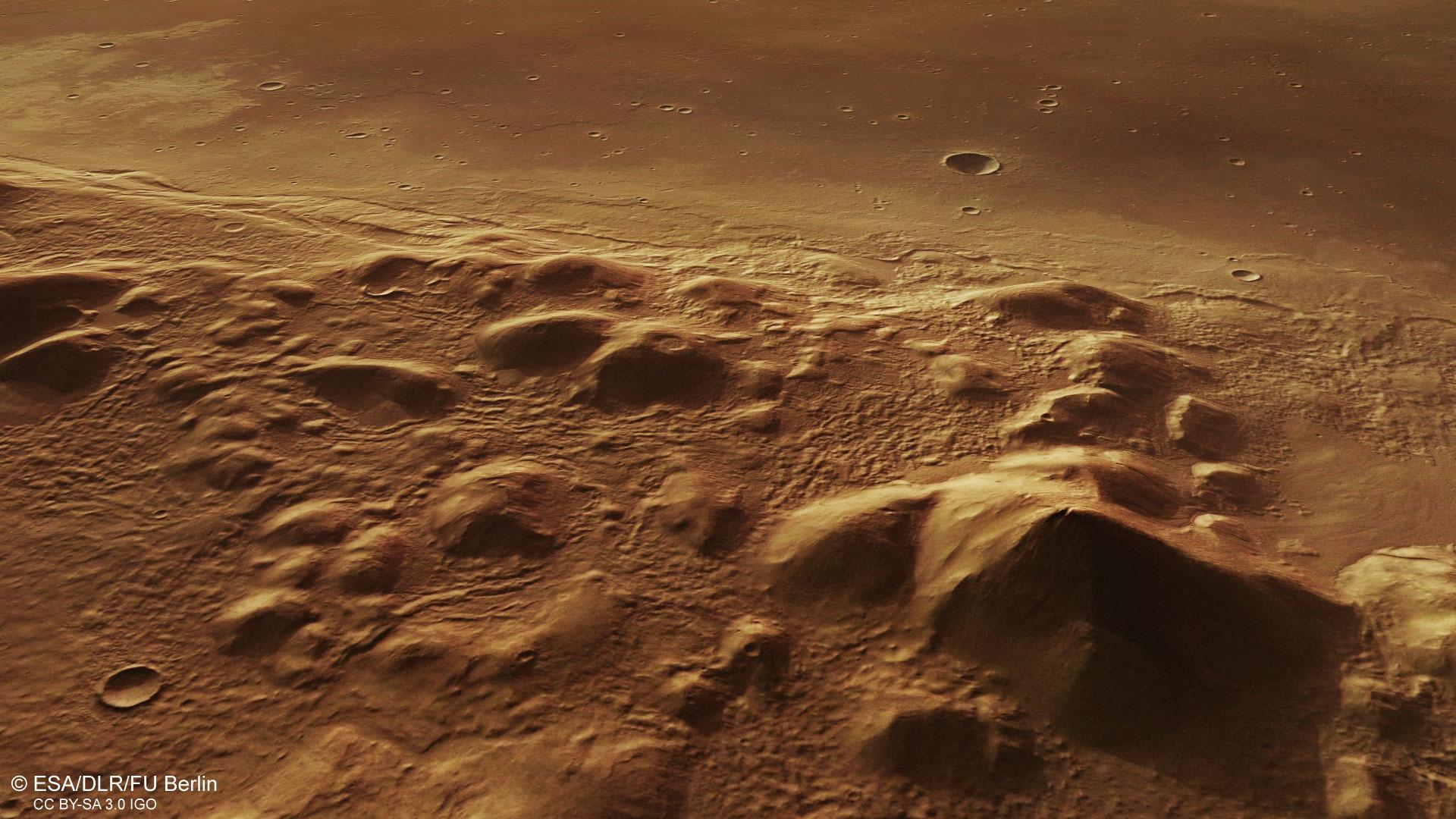 Perspektivischer Blick von den Phlegra Montes auf die Elysium-Vulkanebene