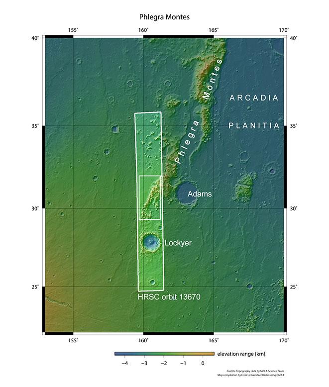 Topographische Übersichtskarte des Südteils der Phlegra Montes