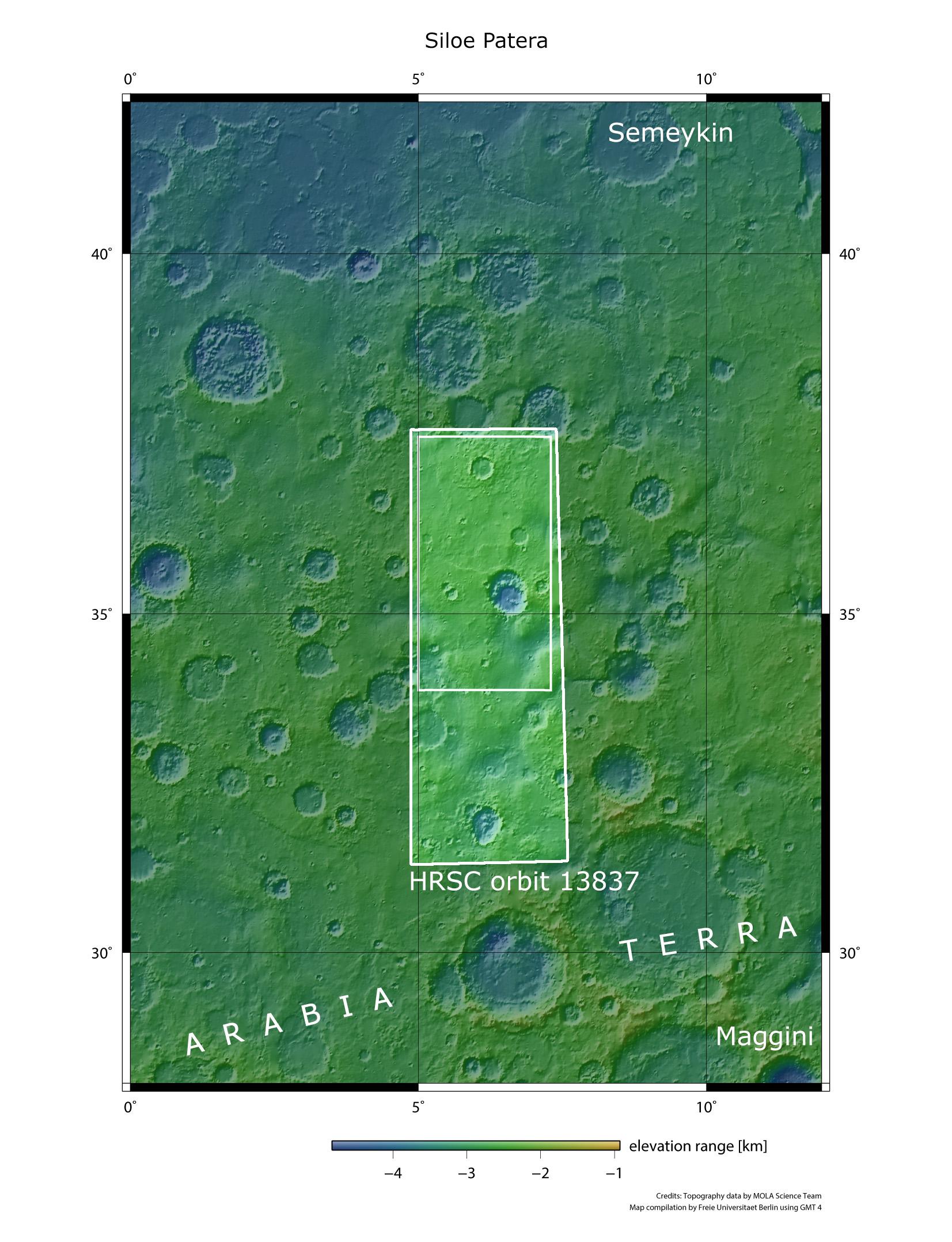 Regionale Übersichtskarte von Siloe Patera und Arabia Terra