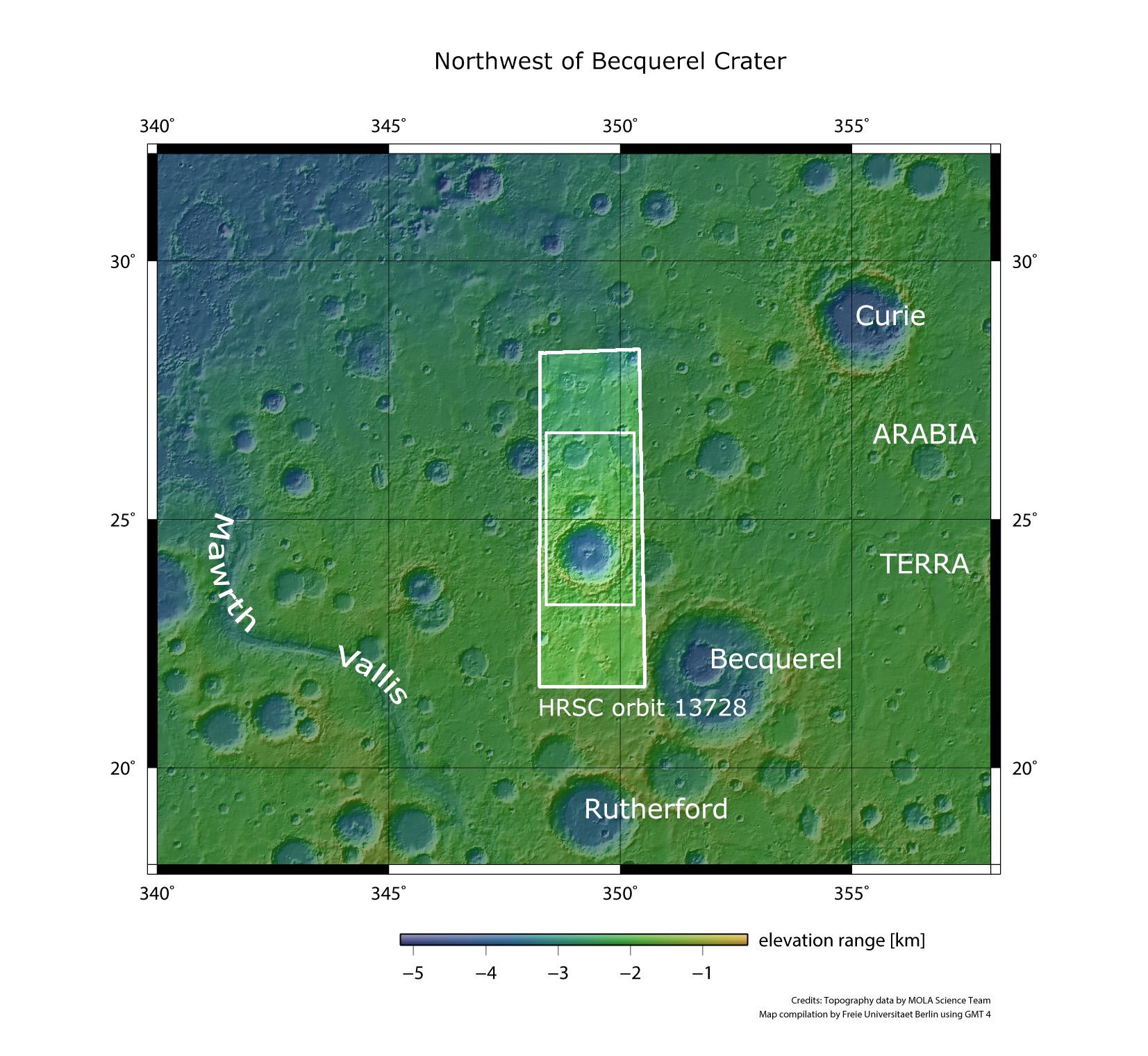 Topographische Übersichtskarte eines Teils der Arabia-Terra-Region