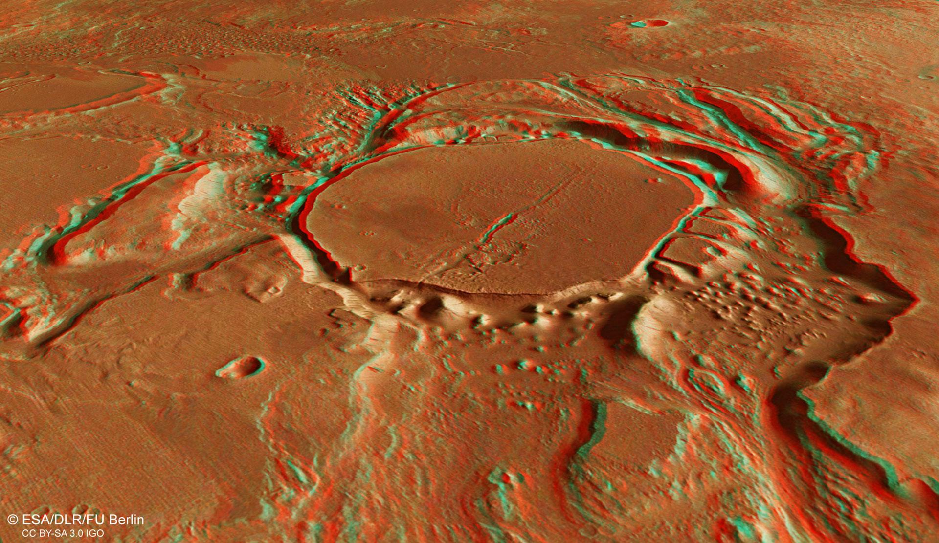 Anaglyphen-Perspektivansicht eines mit Sedimenten gefüllten Kraters