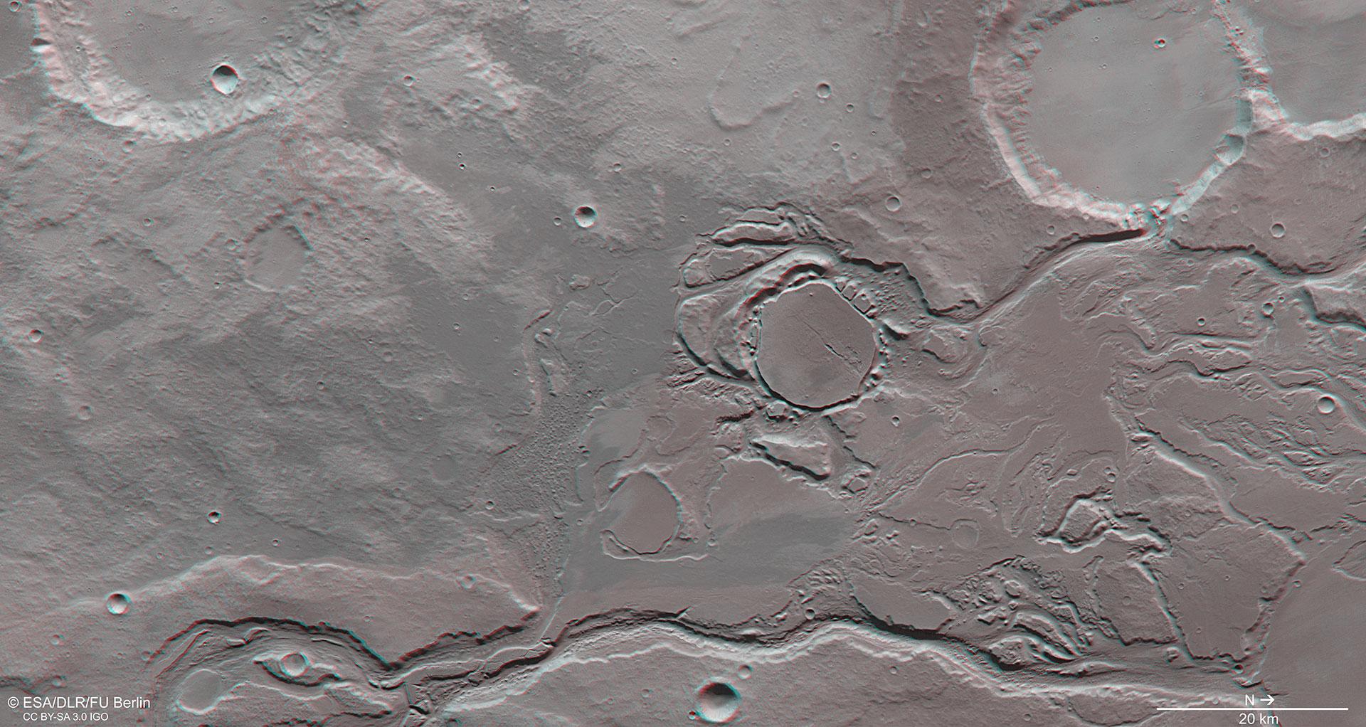 Anaglyphenbild von Mangala Valles und Minio Vallis