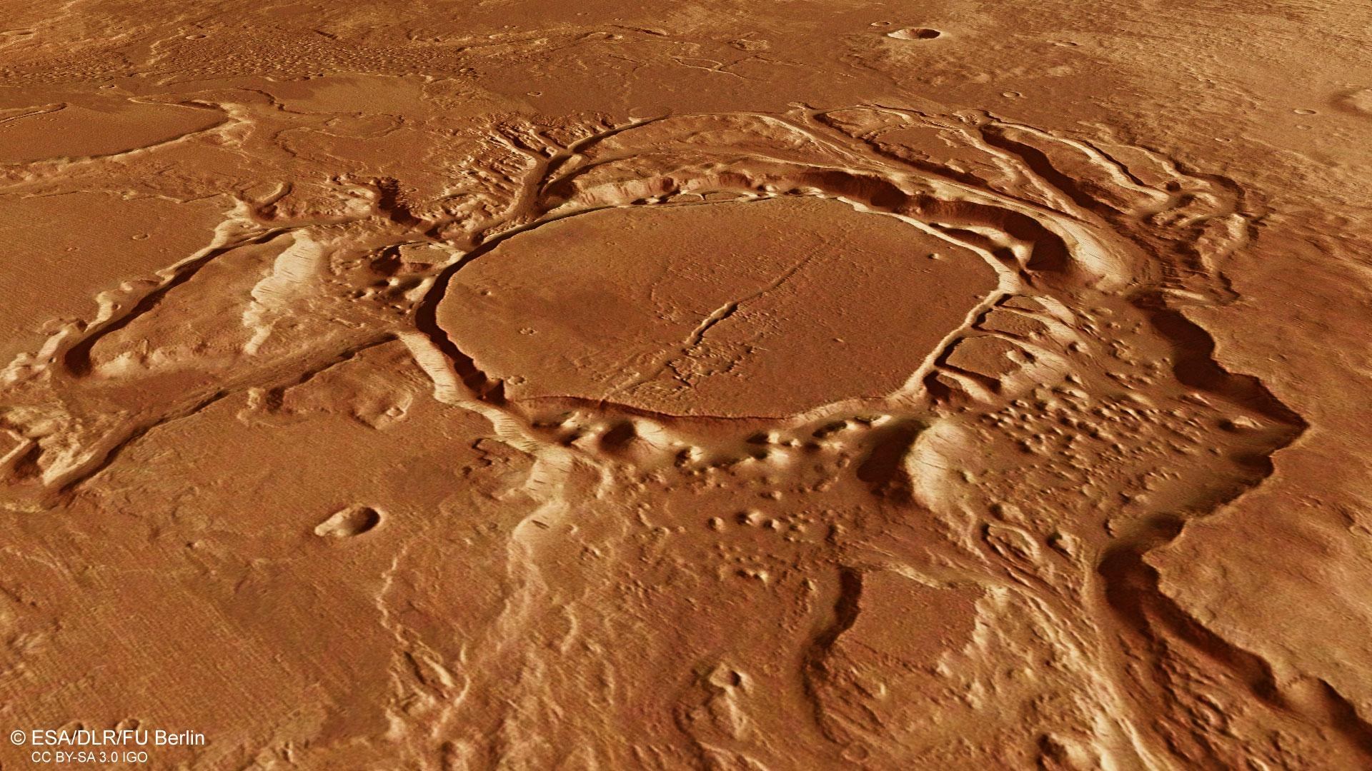 Perspektivische Ansicht eines mit Sedimenten verfüllten Kraters