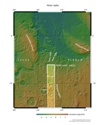 Regionale Übersichtskarte der Region Mangala Valles und Minio Vallis
