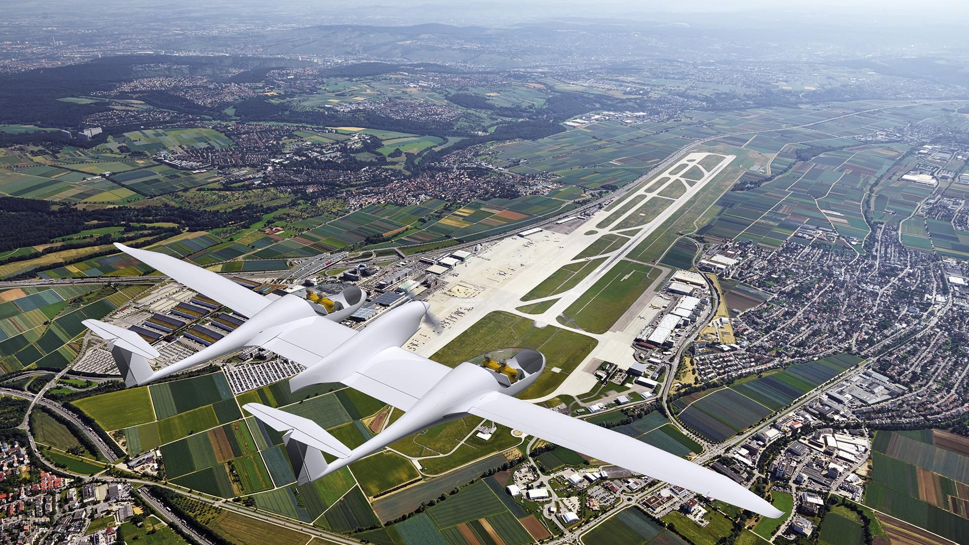 Die HY4 des DLR über dem Stuttgarter Flughafen