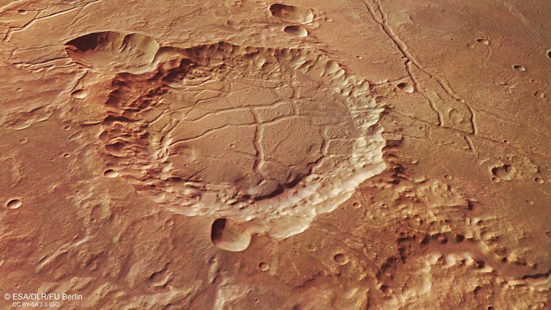 Perspektivische Ansicht eines mit Sedimenten angefüllten Kraters