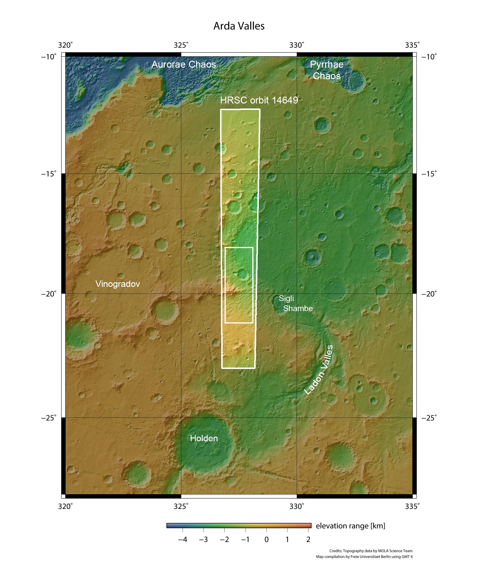 Topographische Übersichtskarte der Arda Valles und Umgebung