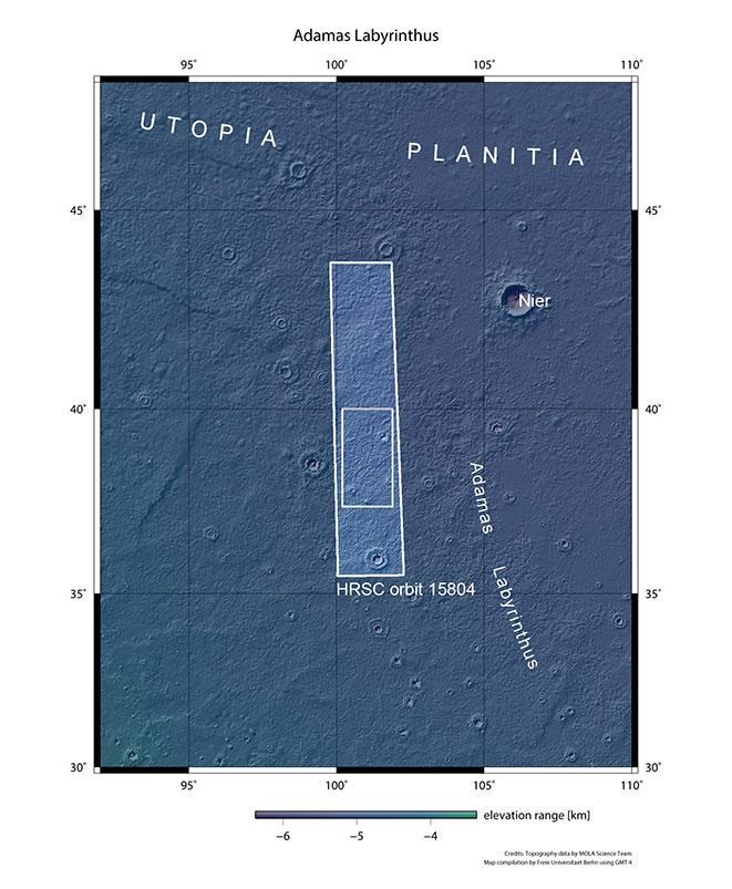 Topographische Übersichtskarte über einen Teil der Region Utopia Planitia