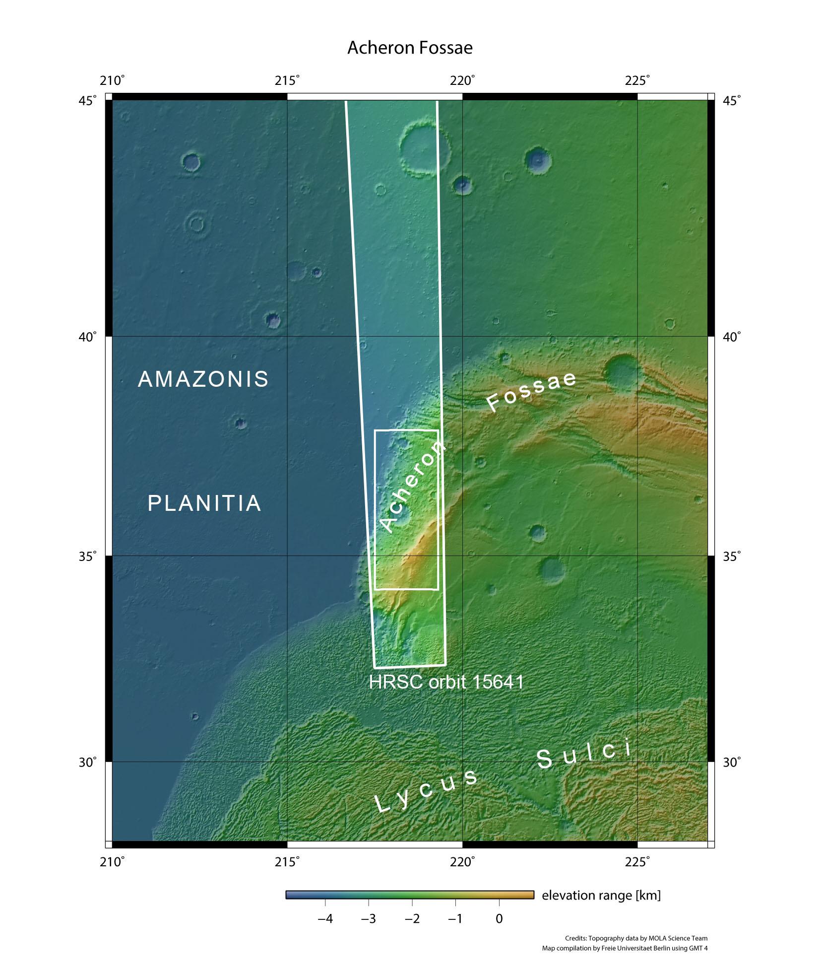 Topographische Übersichtskarte des Acheron Fossae-Rifts