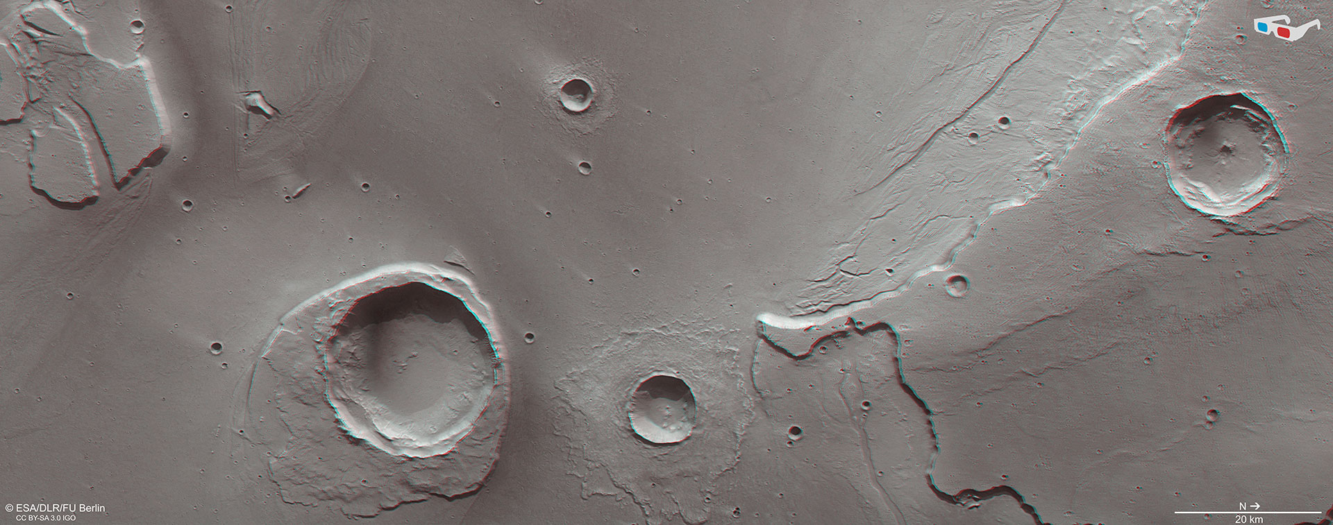 Anaglyphenbild des Kraters Worcester im Mündungsgebiet der Kasei Valles