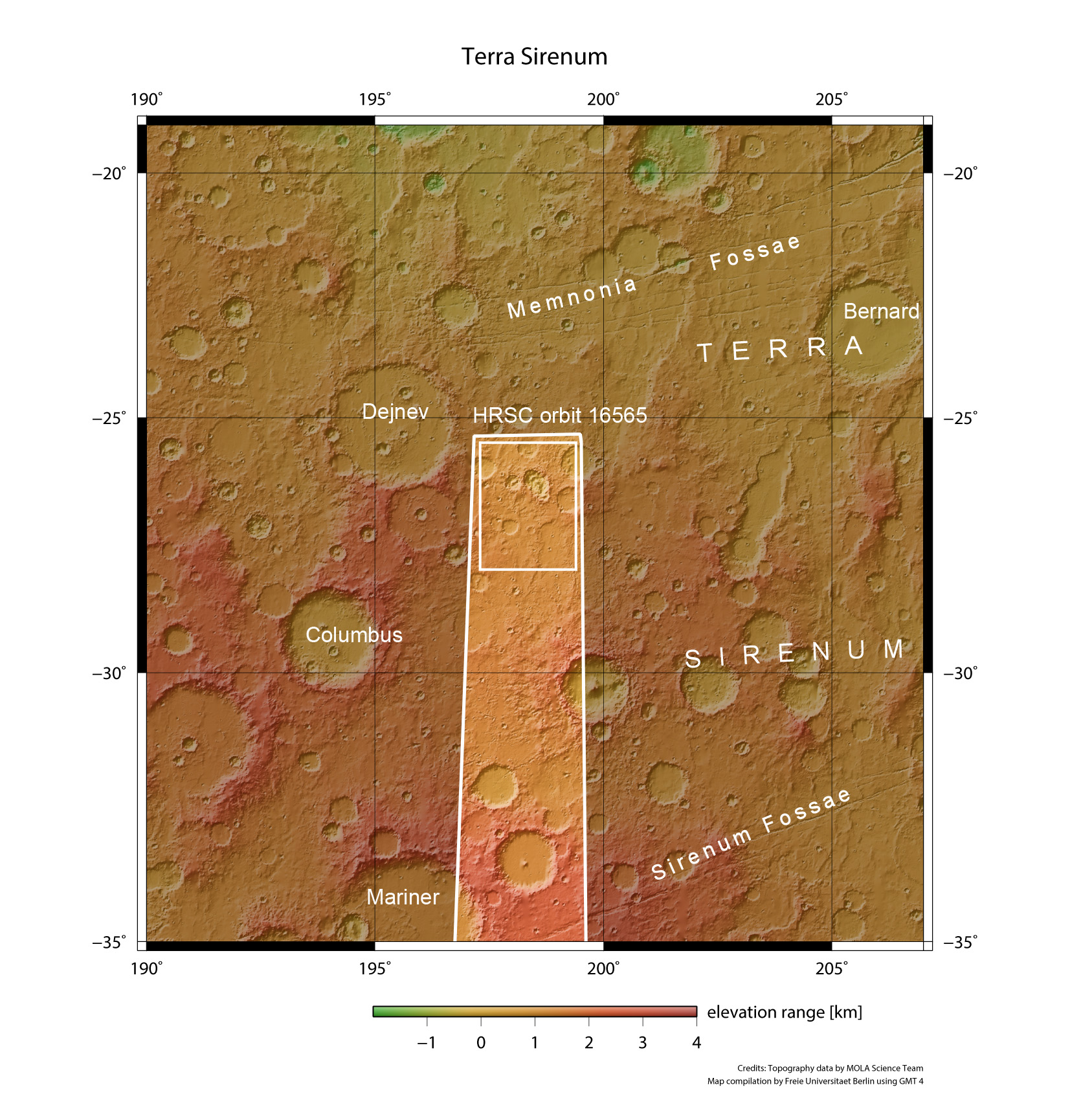 Topographische Übersichtskarte eines Teils der Region Terra Sirenum