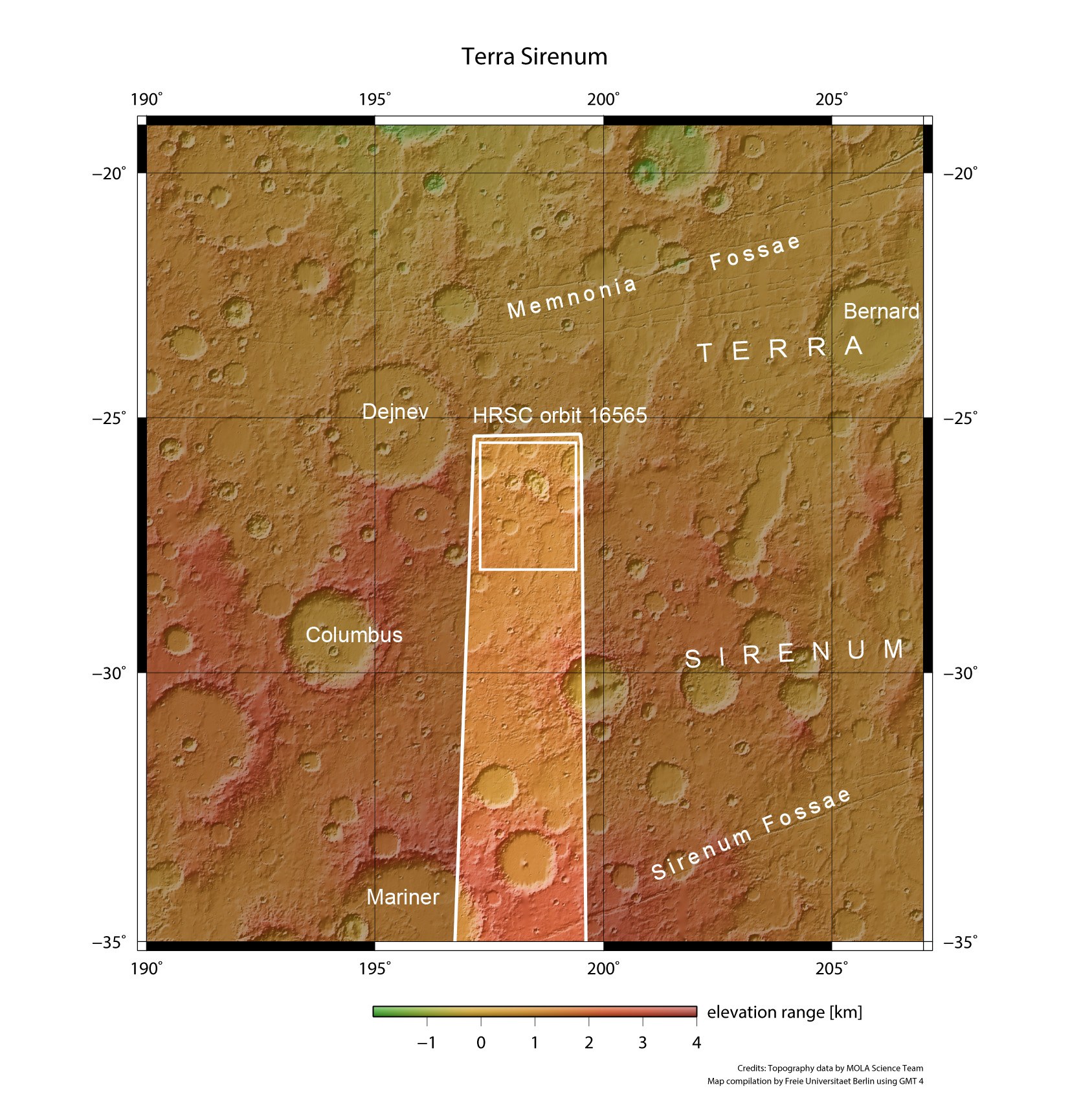 Topographische Übersichtskarte eines Teils der Region Terra Sirenum