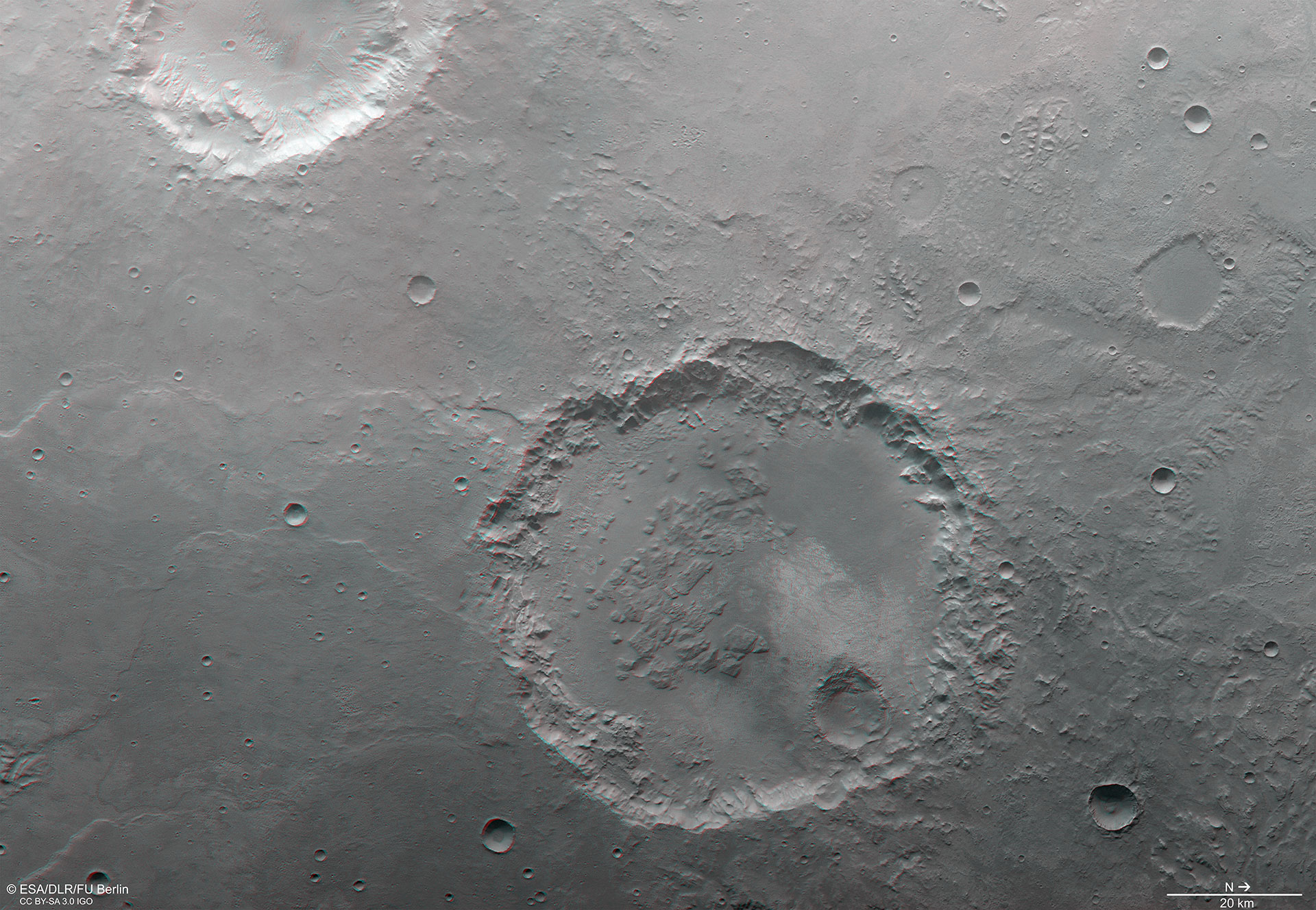 Anaglyphenbild des Kraters in der südlichen Hochlandregion Margaritifer Terra