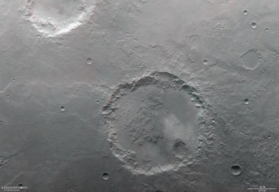 Anaglyphenbild des Kraters in der südlichen Hochlandregion Margaritifer Terra