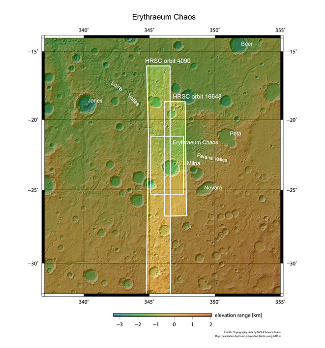 Topographische Übersichtskarte der Grenzregion Region zwischen Margaritifer Terra und Noachis Terra