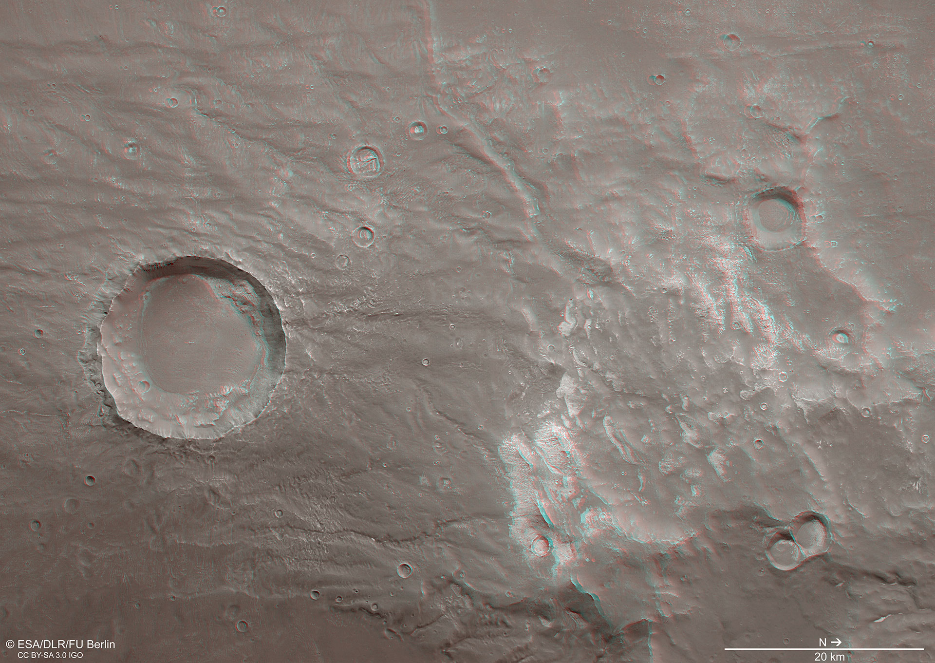 Anaglyphenbild eines Teils der Coracis-Gräben in der Hochlandregion Thaumasia