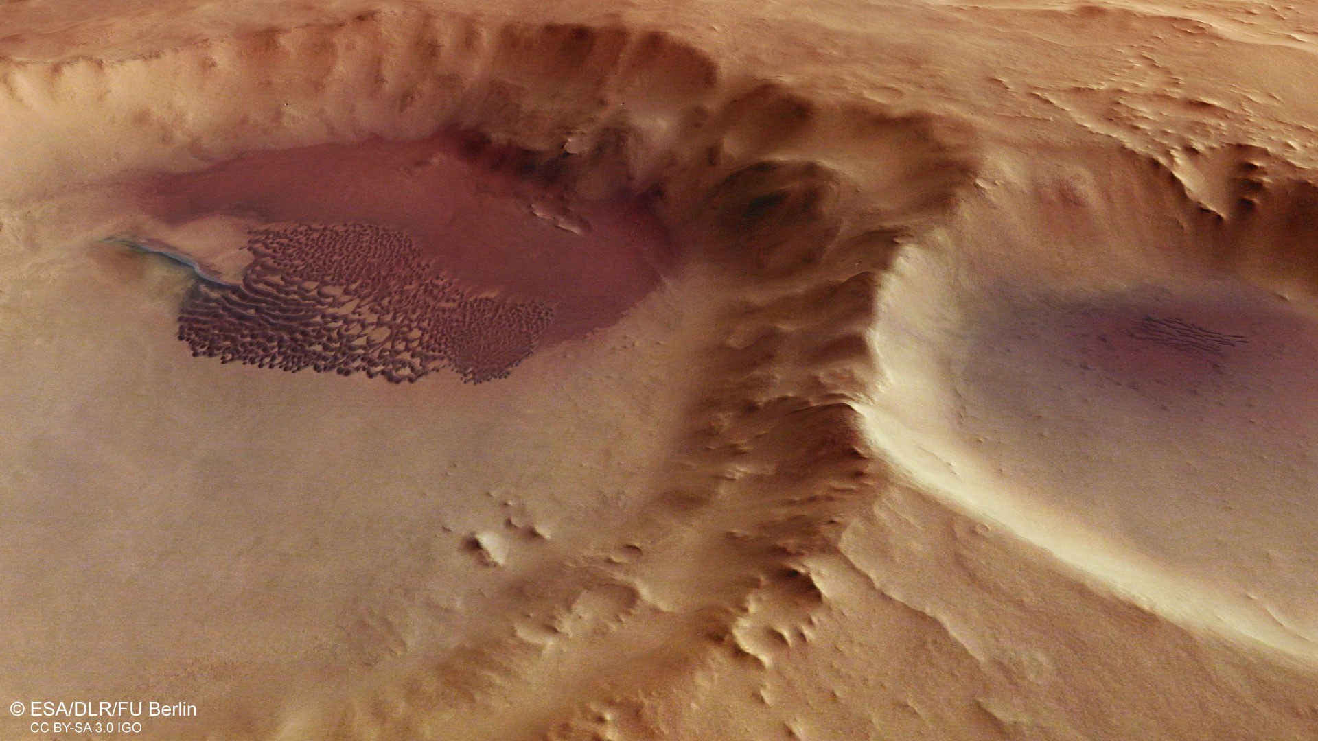 Blick in einen Krater mit dunklen Dünen in der Region Aonia Terra