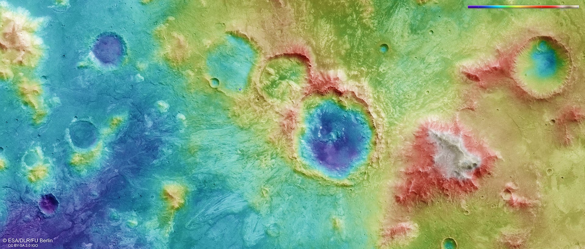 Falschfarbendarstellung der Topographie des Kraters nördlich von Hellas Planitia