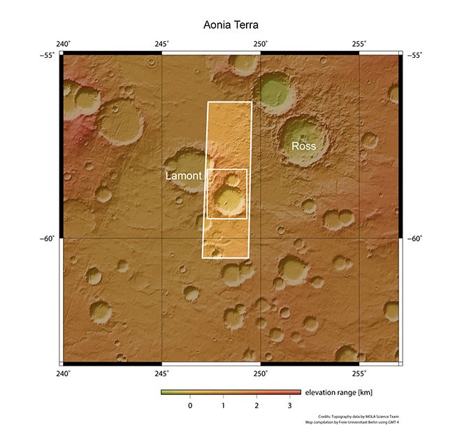 Topographische Übersichtskarte der Region Aonia Terra auf dem Mars