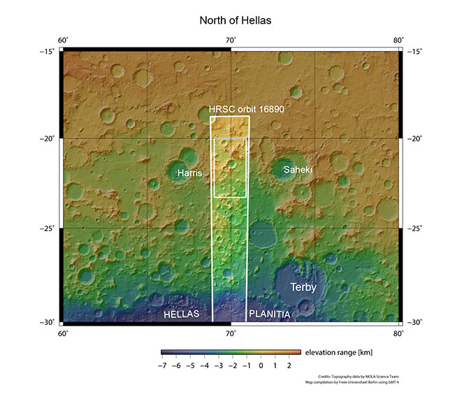 Topographische Übersichtskarte des Gebiets nördlich des Hellas-Einschlagsbeckens