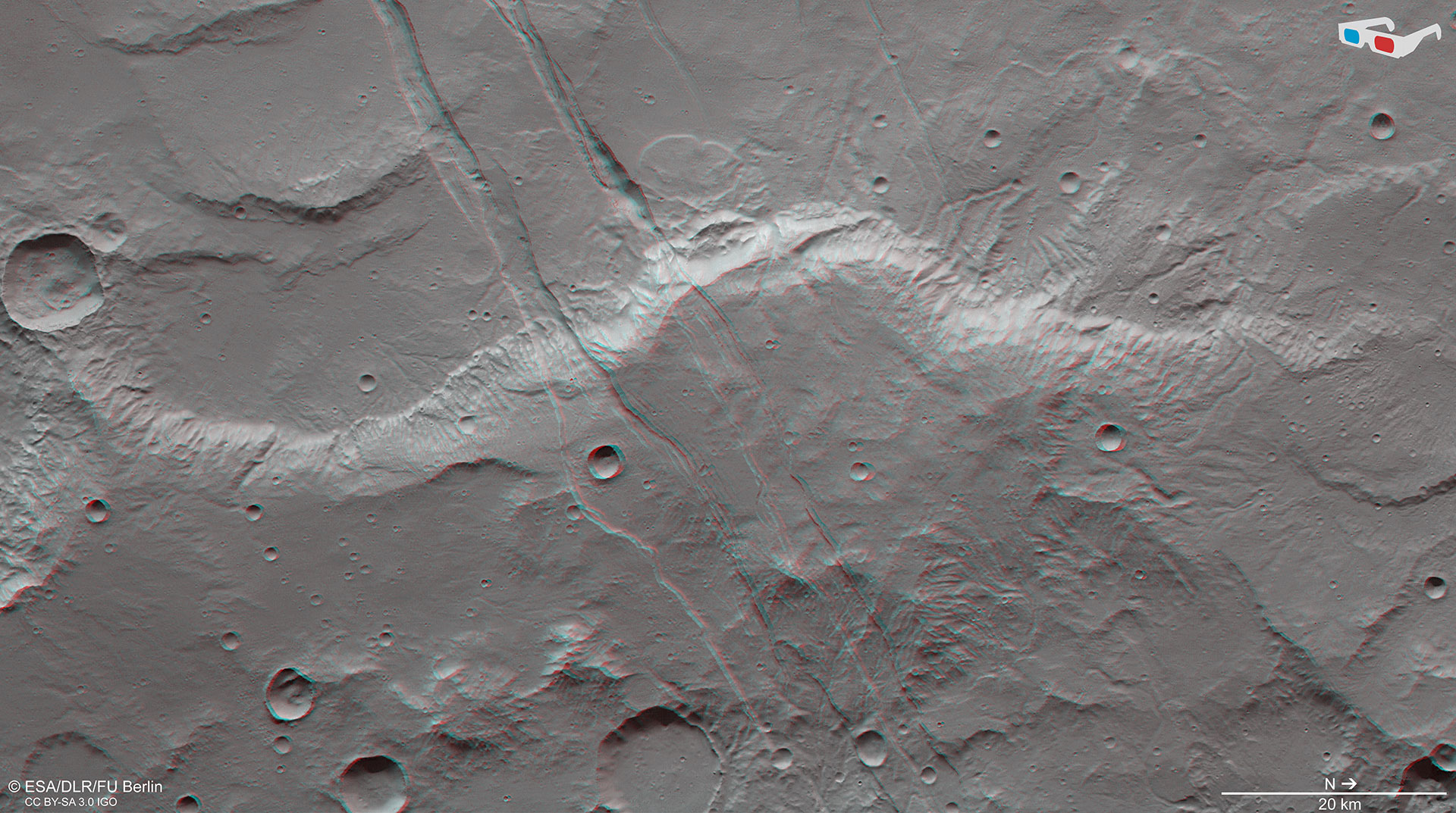 Anaglyphenbild von den Grabenbrüchen Sirenum Fossae