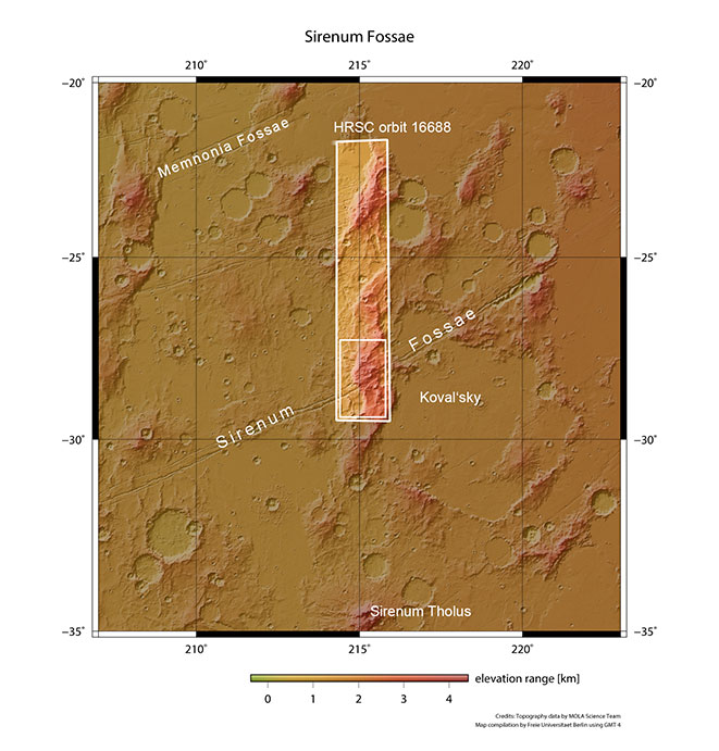 Topographische Übersichtskarte des Gebiets um Sirenum Fossae