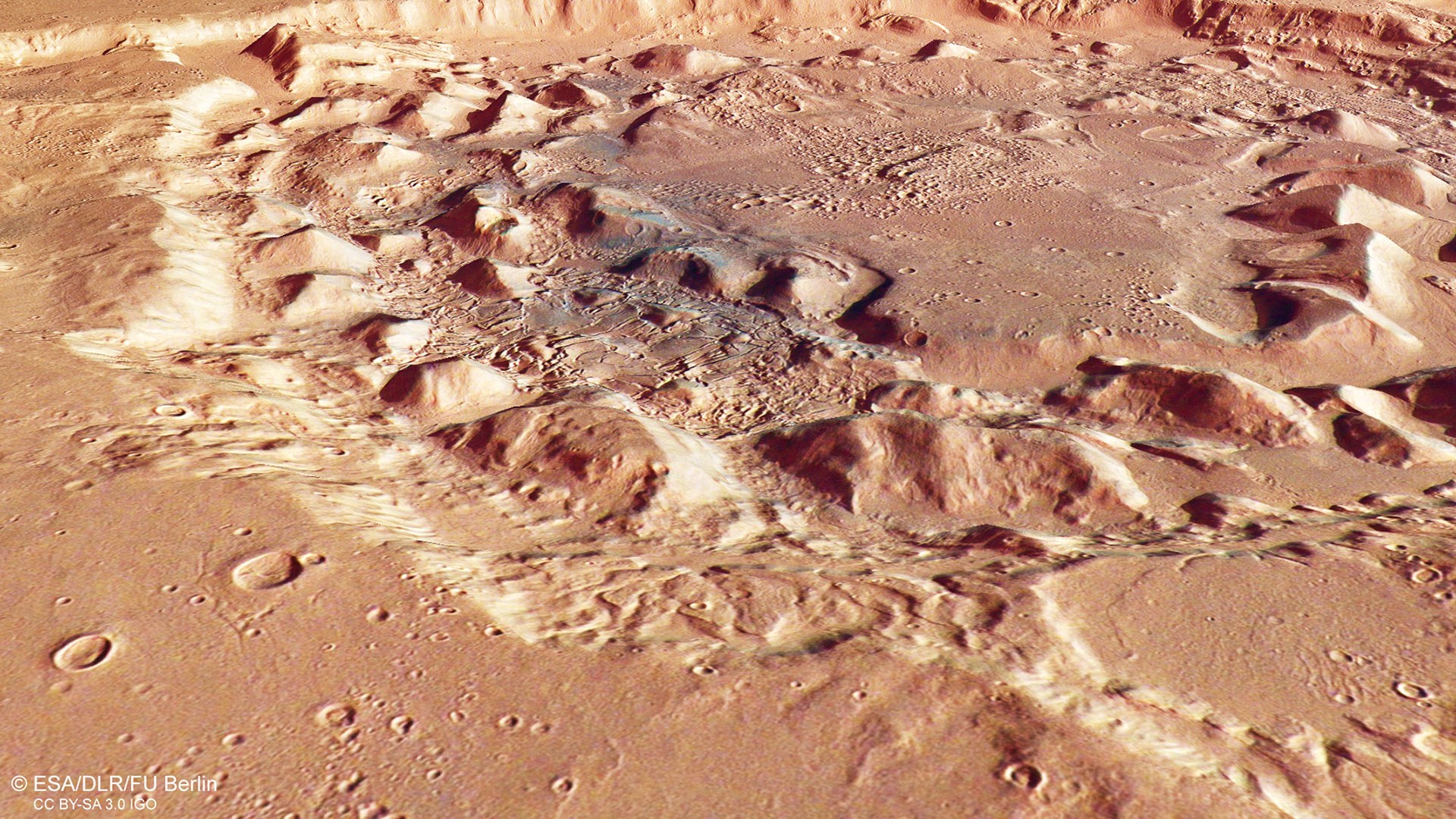 Perspektivische Ansicht der Senke Ismenia Patera auf dem Mars