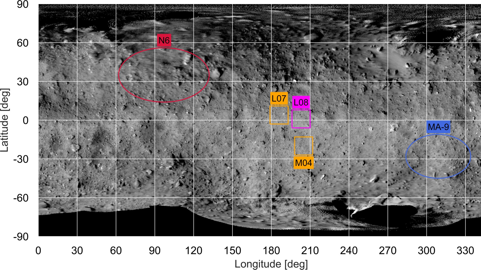 Landestellen der Hayabusa2-Mission auf dem Asteroiden Ryugu