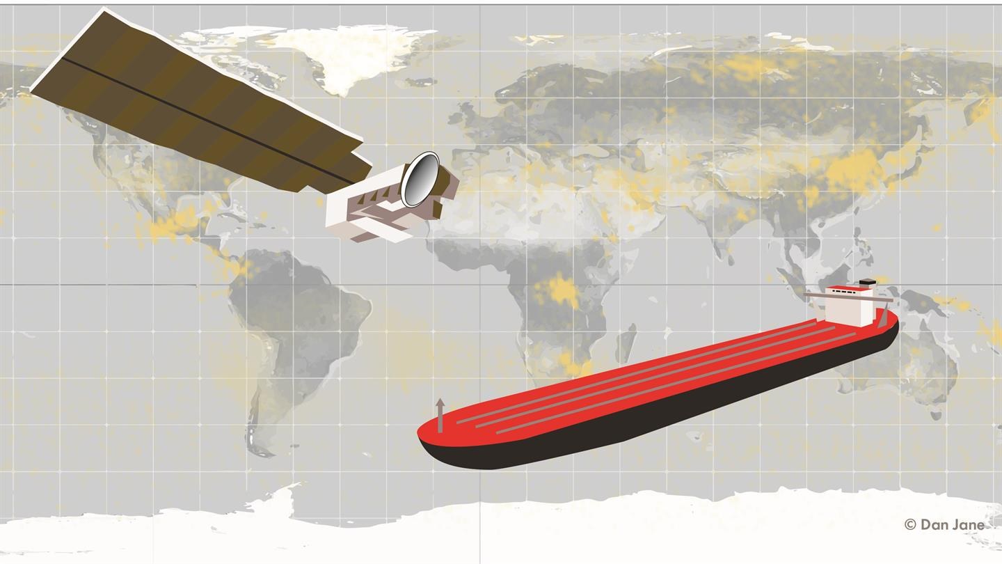 Zeichnung eines Satelliten und eines Schiffs vor der Weltkarte