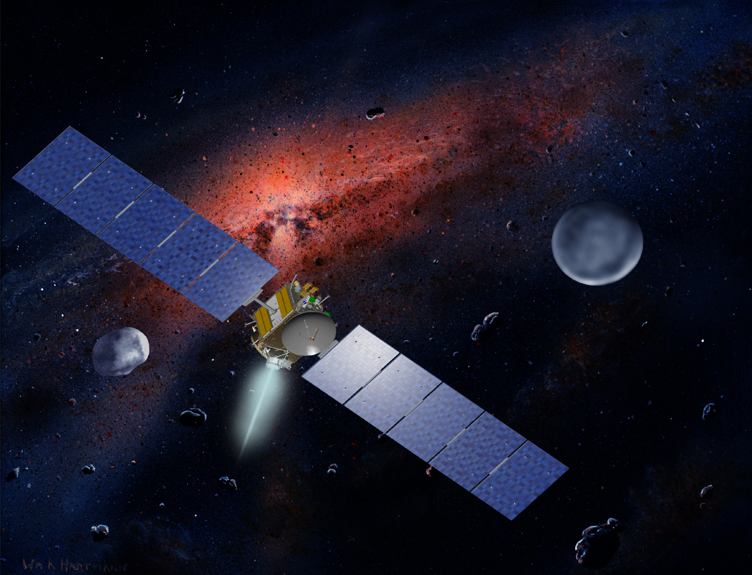 Die Raumsonde Dawn vor dem Hintergrund des solaren Urnebels