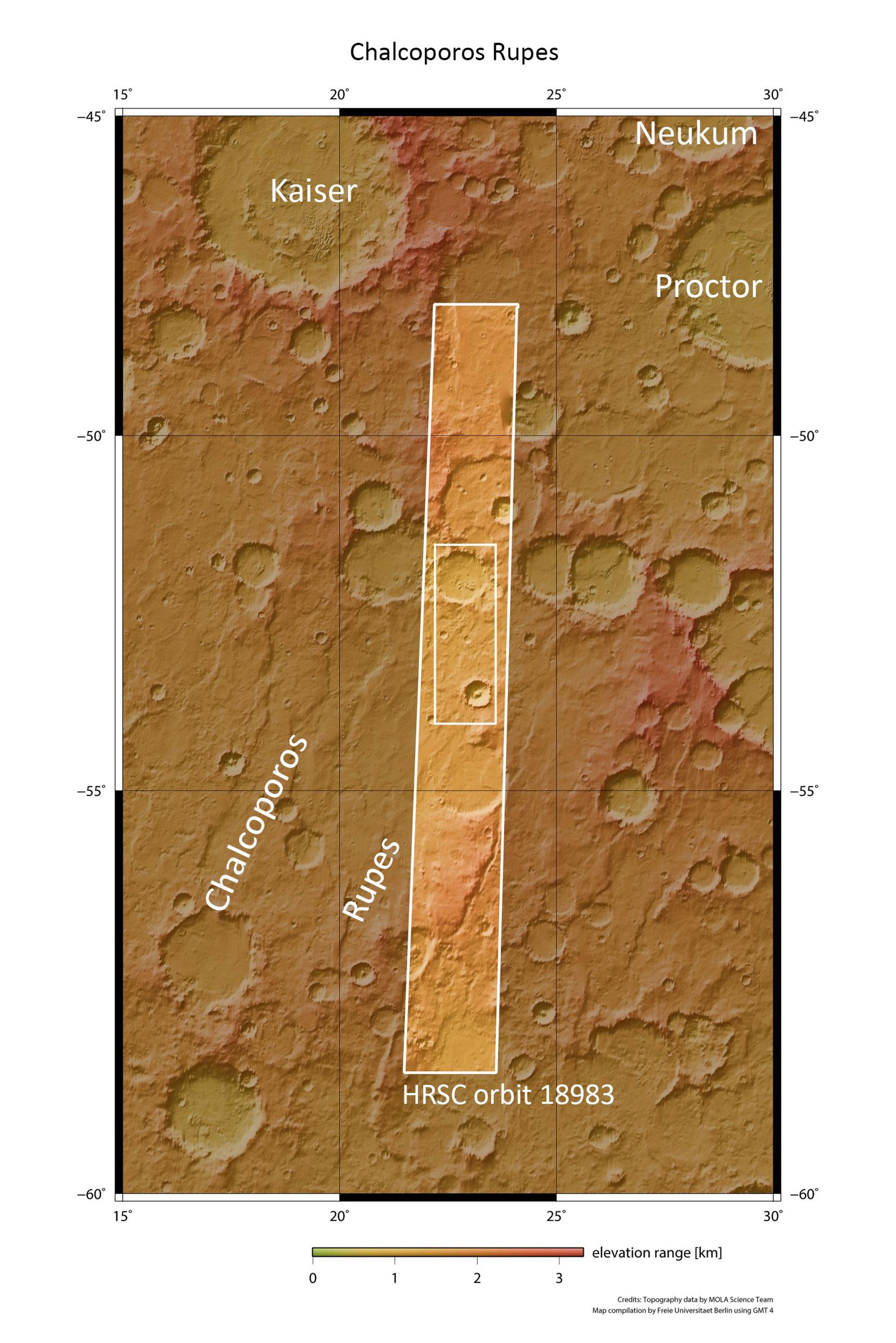 Topographische Übersicht der Region Chalcoporos Rupes